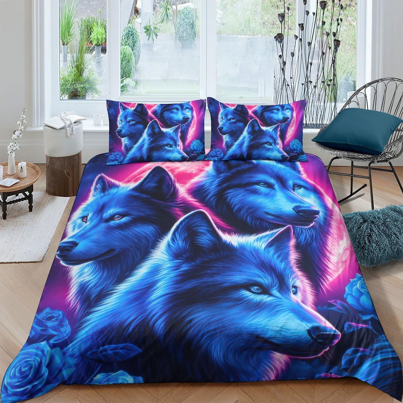GPLZQXKJNH 3D Printed Blue Wolf Duvet Cover Microfiber Soft Breathable Galaxy Bedding Set with 2 Pillowcases for Bedroom Decor 120x200cm Single（135x200cm）