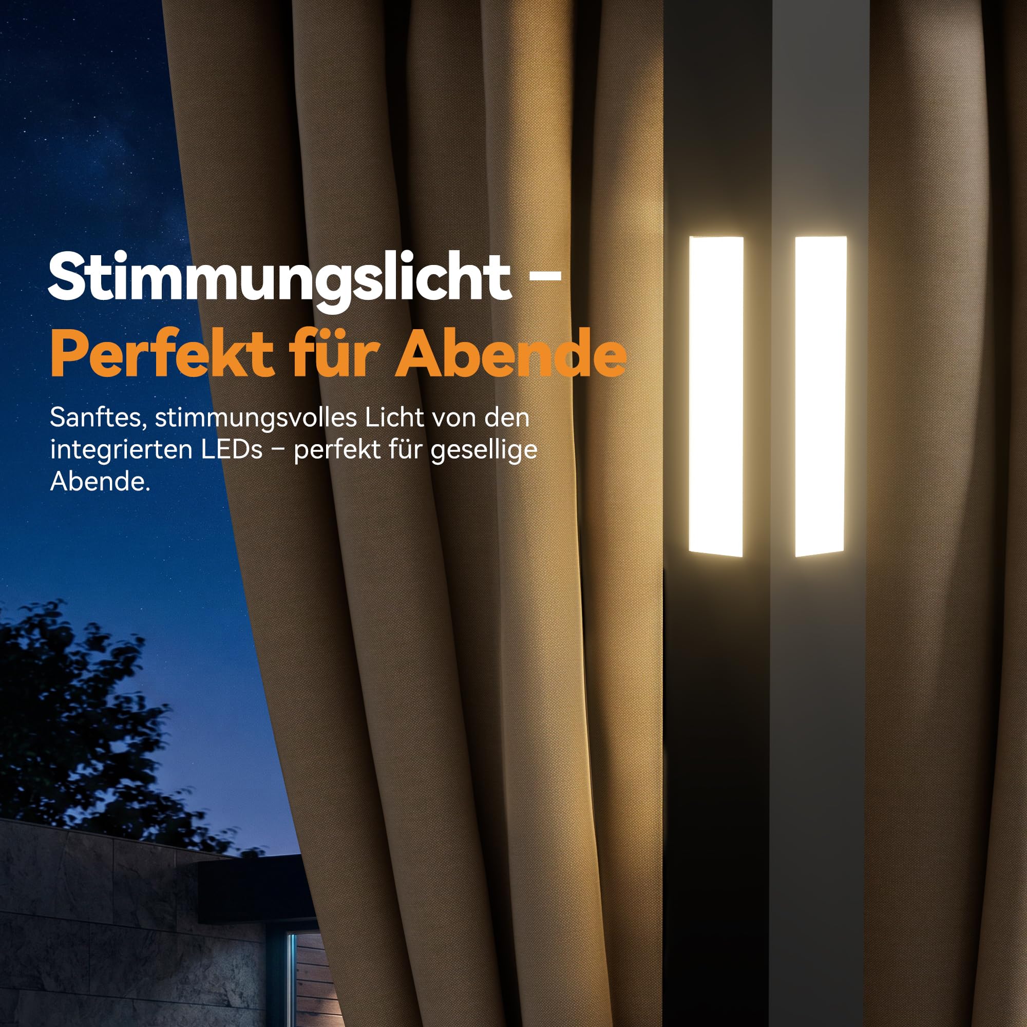 Modern Shade Gartenpavillon Doppeldach 2,4 x 2,4m mit LED-Beleuchtung & Bluetooth-Lautsprecher, Robuste Außenmarkise mit Metallrahmen, Pavillon mit Stoffdach, Netz und Vorhängen für Garten, Khaki