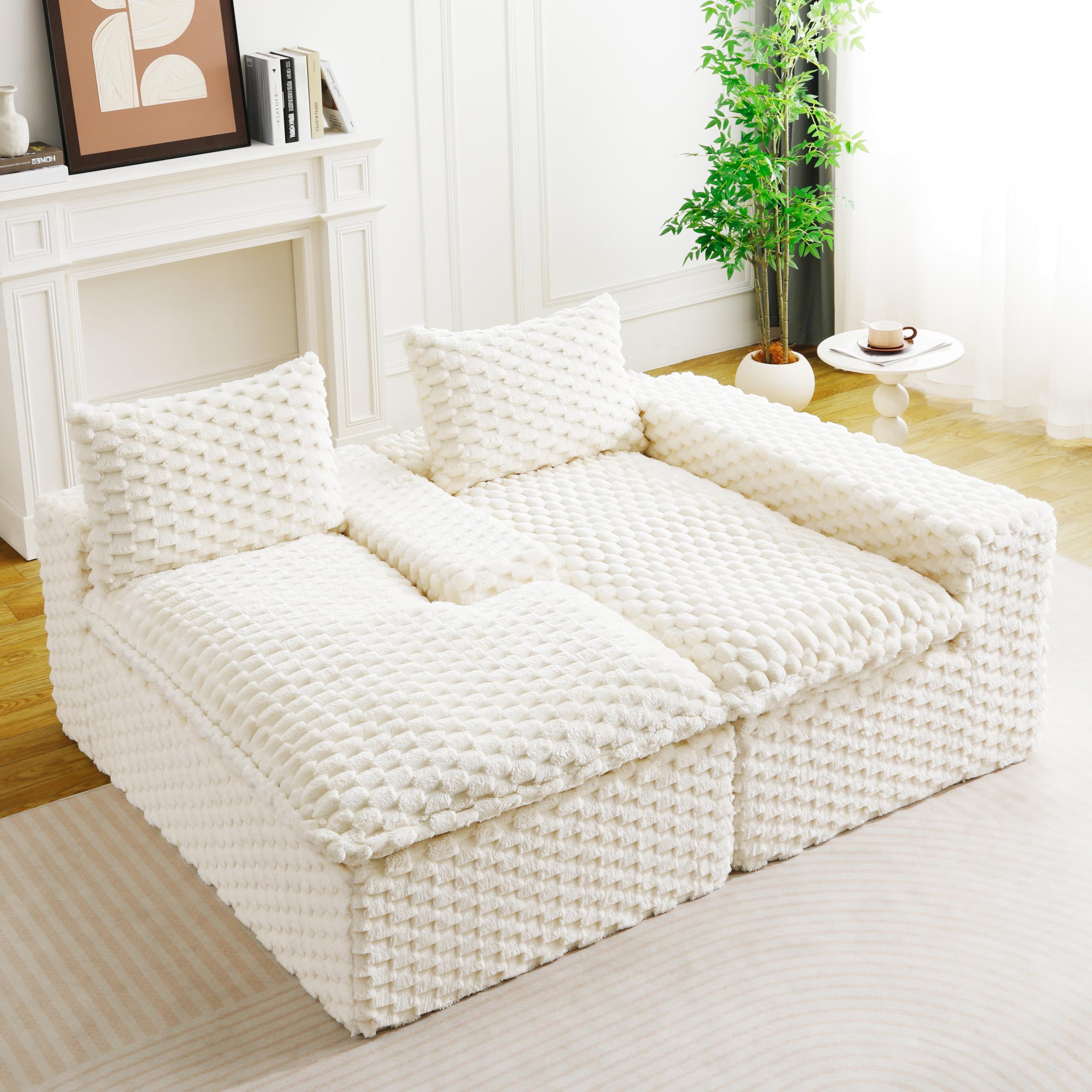 KEIKI 96" L-Shape Modular Boneless Couch with Chaise for Modern Home Bedroom Studio, Sectional Sofa Deep Seat Oversized Loveseat Convertible Bed for Apartment Furniture Lounge Relaxing Corner, White