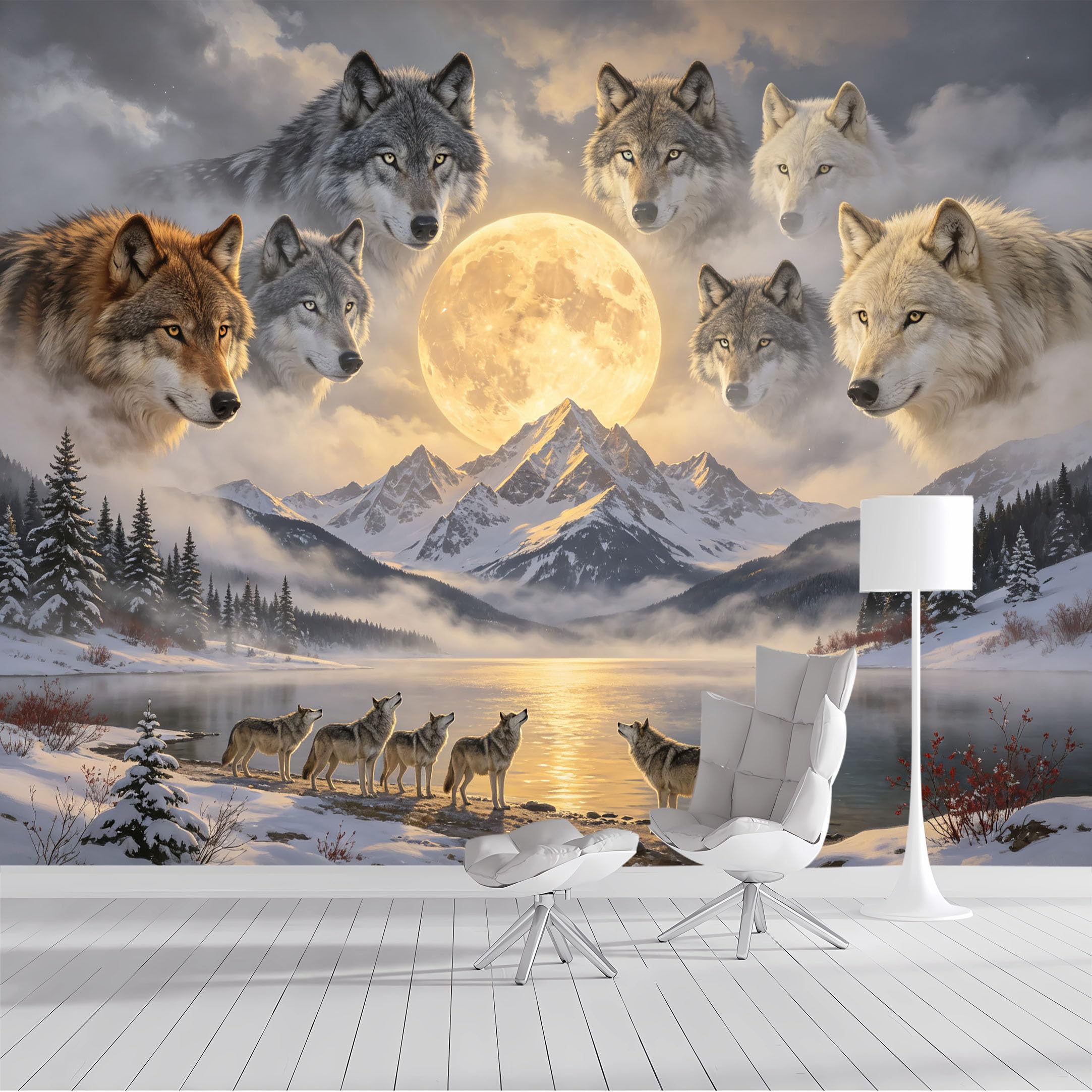 Custom Size Wall Mural Wolf Pack Moonlit Alpine Lake Fantasy SelfAdhesive Wall Fabric Removable Peel and Stick Wallpaper Wall Decor for Living Room Bedroom Bathroom