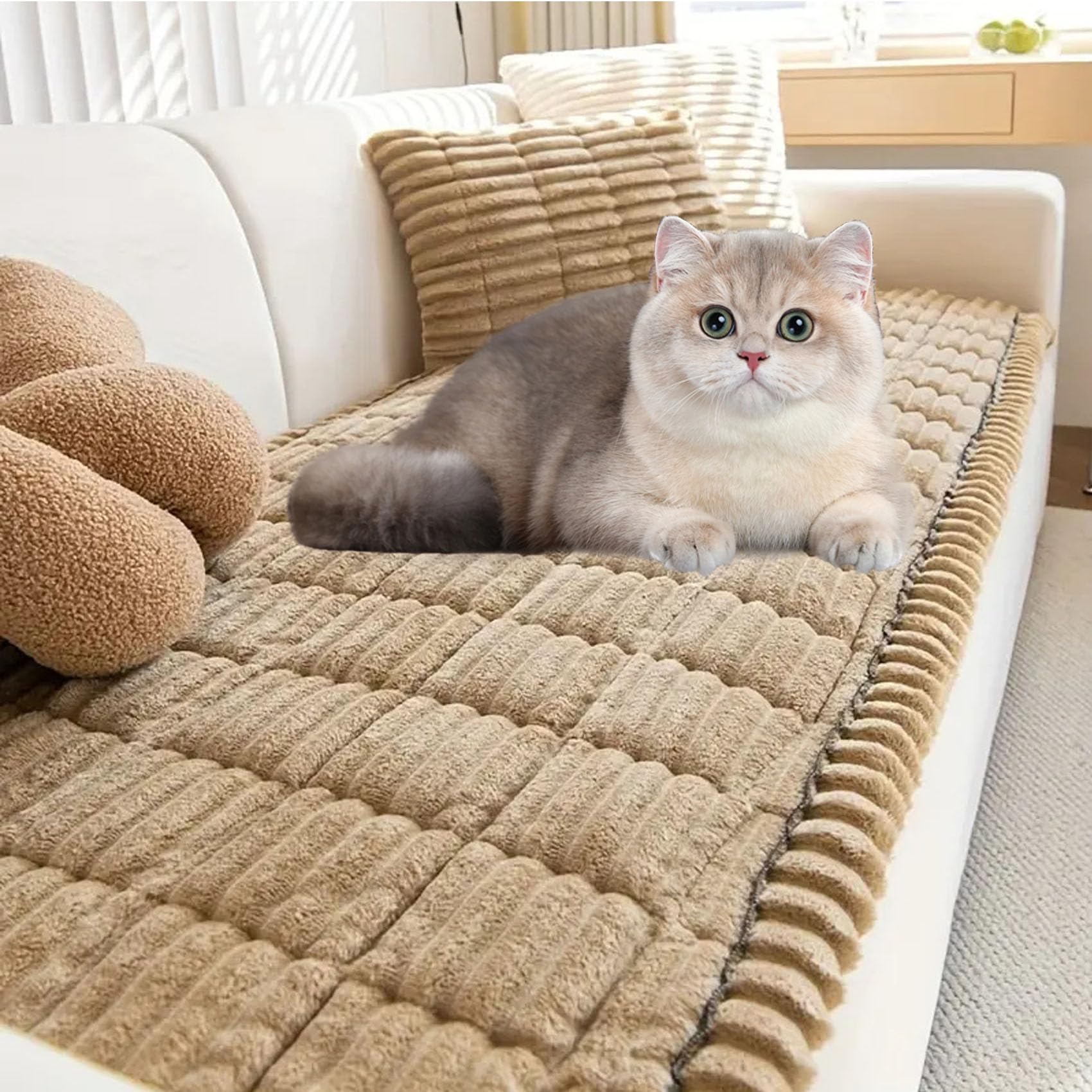 Awavsea Paw Lounge Plush Pet Couch Cover, Paw lounge Plush Couch Cover Stylish Non Slip, Soft Comfortable Strong & Scratch Resistant Protection Machine Washable Easy Cleaning (Brown,90 × 240 cm)