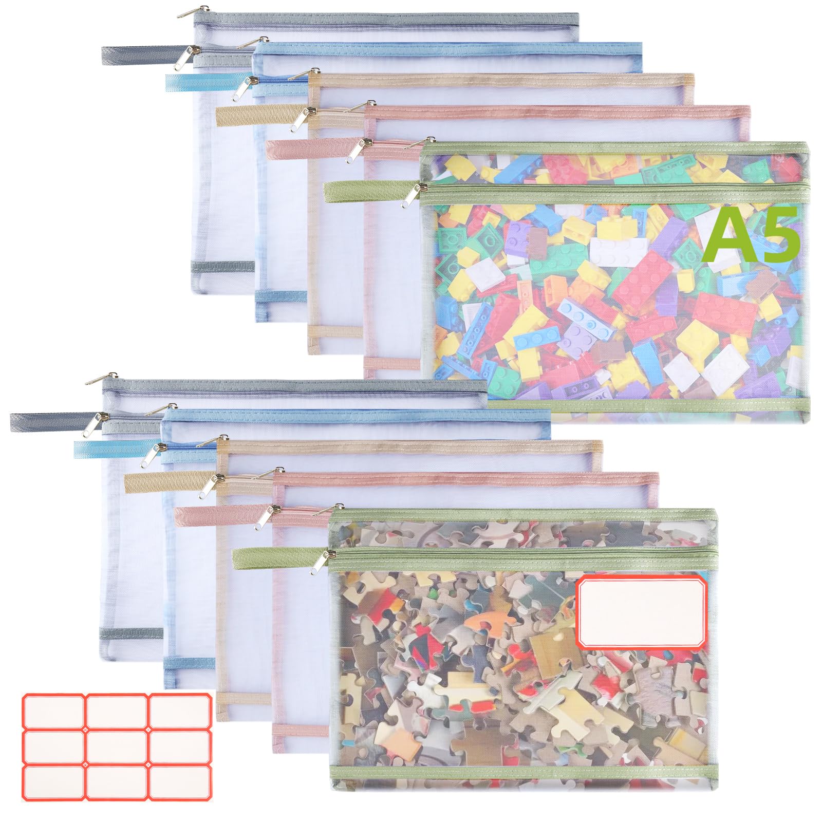 10 Pcs Mesh Zipper Pouch Bags, A5 Double-Layer Toy Storage Bags with Sticky Labels, Breathable Board Game Storage Pouches with Zipper and Handle, Clear Pencil Case for Puzzles, Scrapbook, Stationery