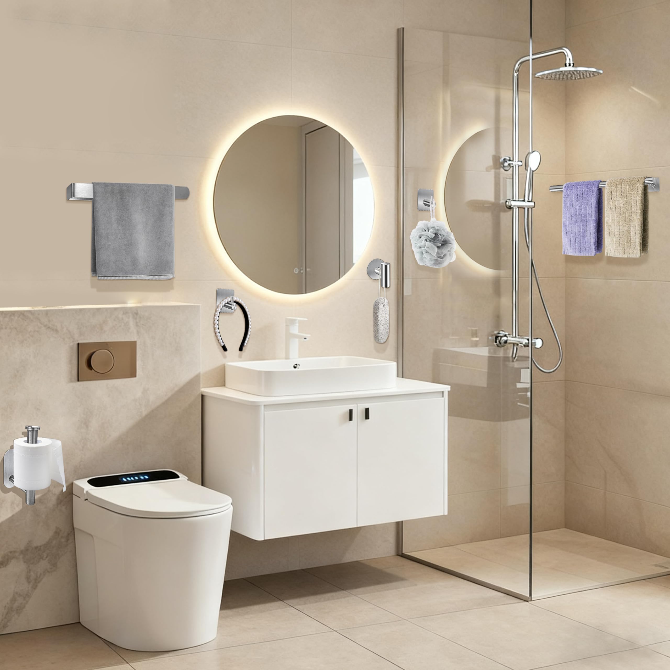 Accessori per il Bagno per Asciugamani Autoadesivi set 8PCS Acciaio Inossidabile Portasalviette da Bagno porta Carta Igienica Gancio per Accappatoio (Argento)