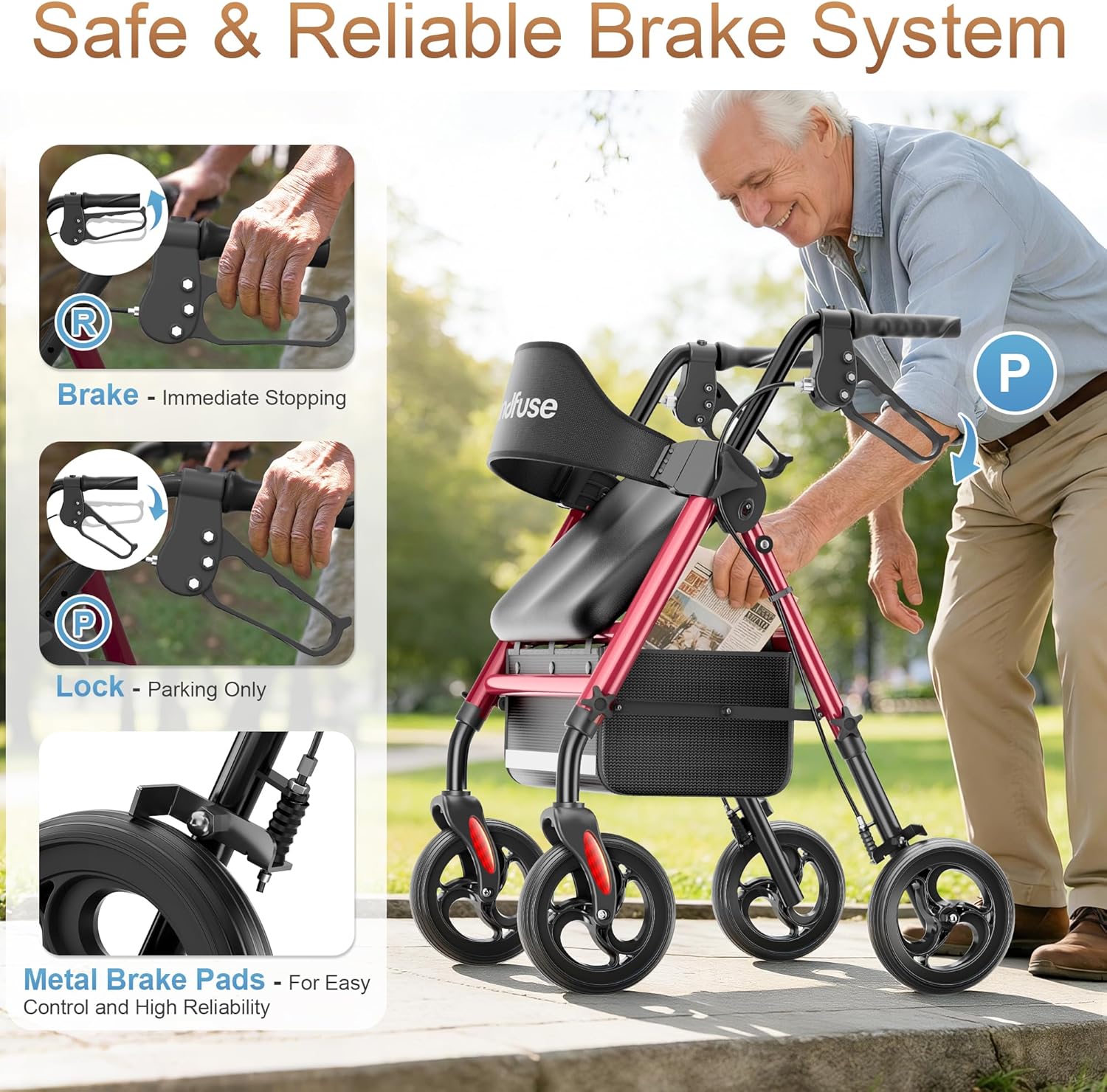 SOUNDFUSE Walkers for Seniors, Rollator Walker with Seat, 8" All Terrain Wheels, Double Support Bar, 16" Ergonomic Arc Seat and Comfortable Backrest, Dual Height Adjustable and Foldable Design