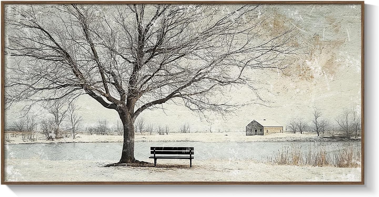 Framed Farmhouse Landscape Wall Art for Living Room, Horizontal Tree of Life Canvas Artwork for Bedroom Walls, Vintage Tree Lake Cottage Scenic Picture Print for Office Kitchen Wall Decor, 20x40 Inch 40"L x 20"W Winter