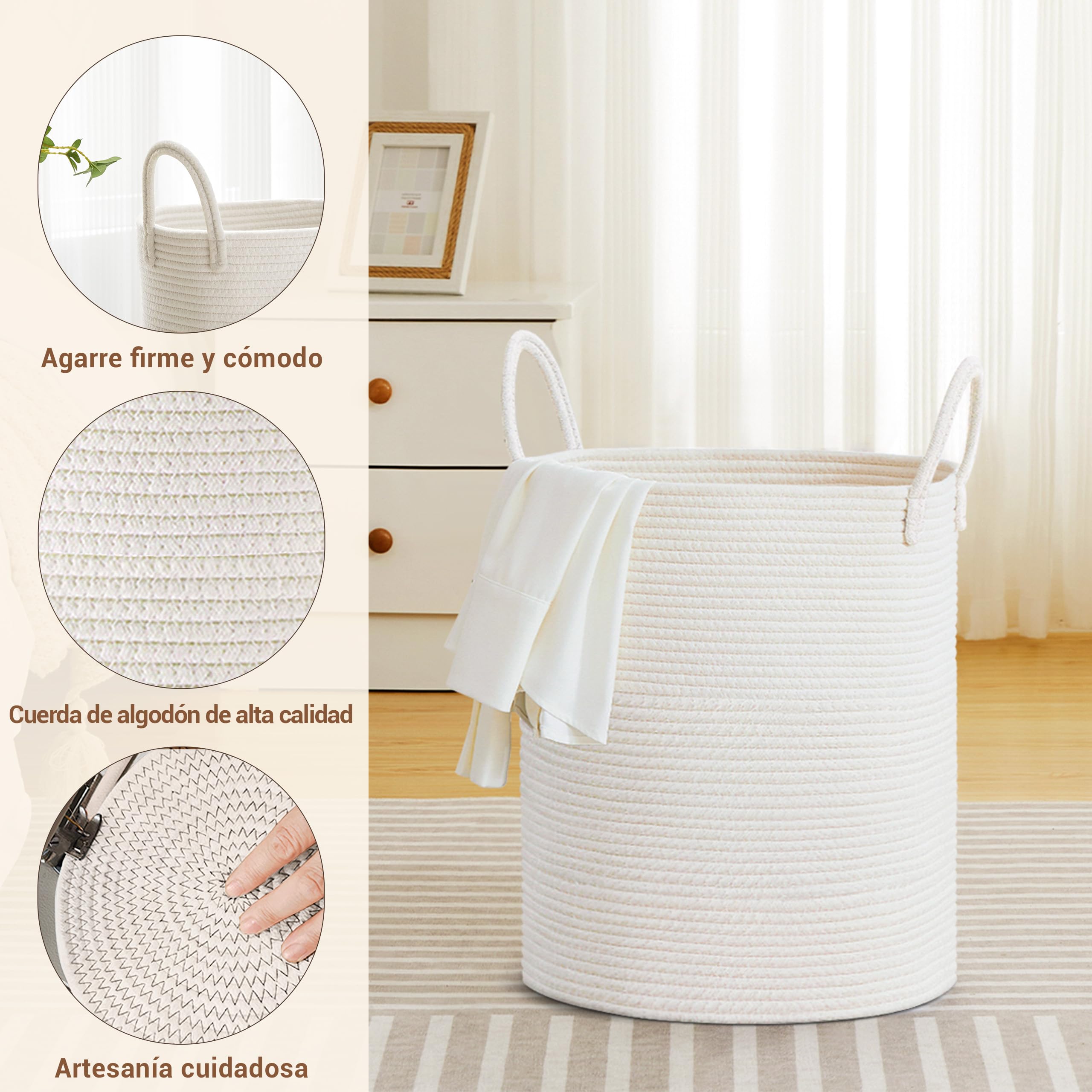 Cesto de Ropa Sucia y Cesta de Lavandería 38x45cm - Pequeña Cesta Plegable de Almacenamiento con Asa, Apta para Almacenar Ropa, Juguetes y Mantas - 53L Blanco