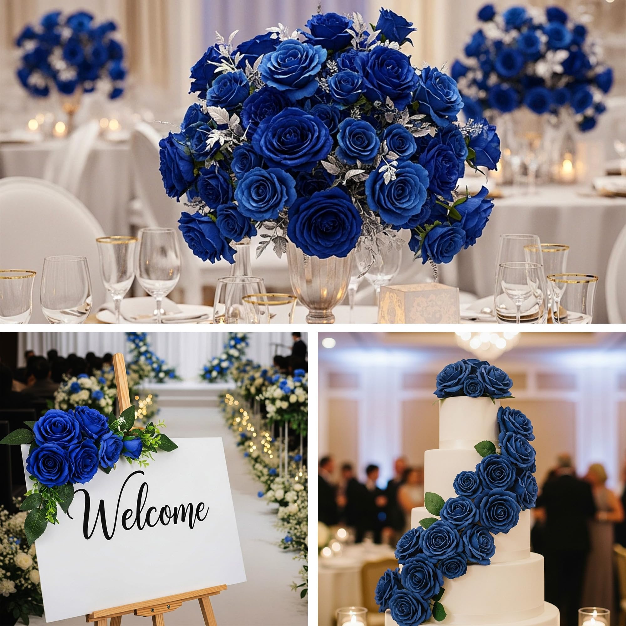 Auihiay 60PCS Fake Blue Roses, Artificial Blue Flowers, Silk Faux Rose with Long Stems for Wedding Centerpieces Cake - Image 4