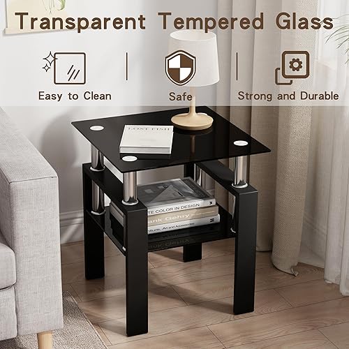 Miniatura 8 de Mesa auxiliar de cristal de 2 niveles moderna con parte superior de cristal, mesa auxiliar para sala de estar con patas de metal para sala de estar,