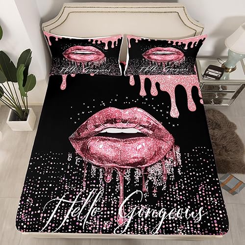 Miniatura 2 de Manfei Juego de sábanas con purpurina rosa, tamaño King, juego de sábanas de labios sexys de 4 piezas con sábana bajera de bolsillo profundo +