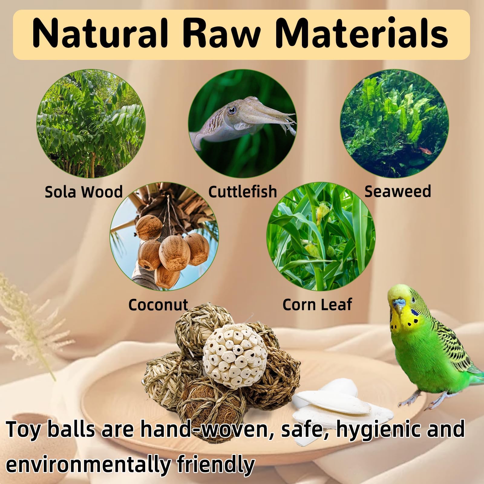 Bird Toys Sola Balls - Juguetes para periquitos con bolas de hierba suave natural para masticar loros, conures, conejos, hámster, cobayas, chinchilla. (Estilo 2, 18 piezas)