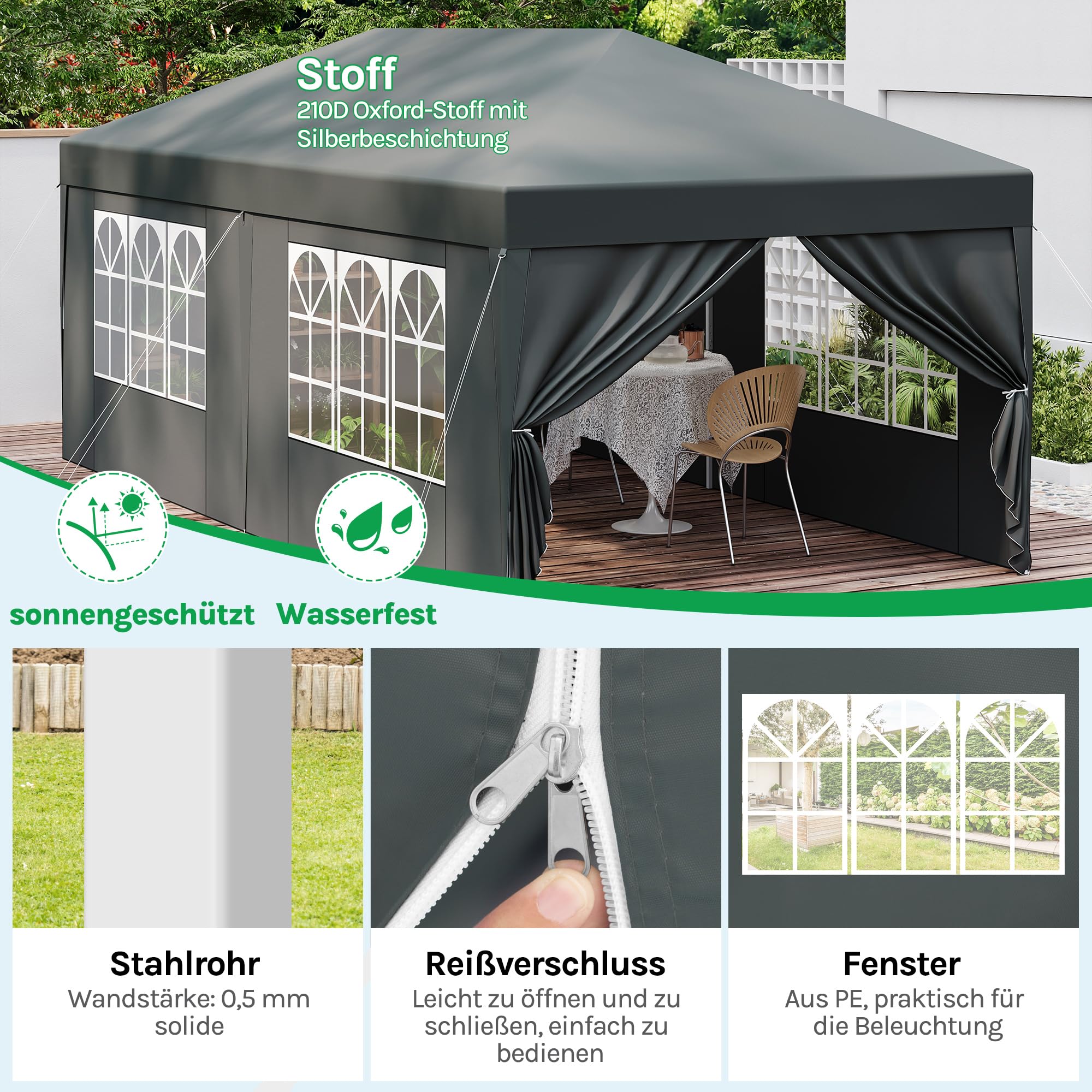 Laneetal Pavillon 3x6 m, Pop Up Faltpavillon, 6 Seitenwände mit Fenster Reißverschlüsse, Gartenpavillon wasserdicht Winterfest UV-Schutz, für Garten, Camping, Strand, Grill, Anthrazit