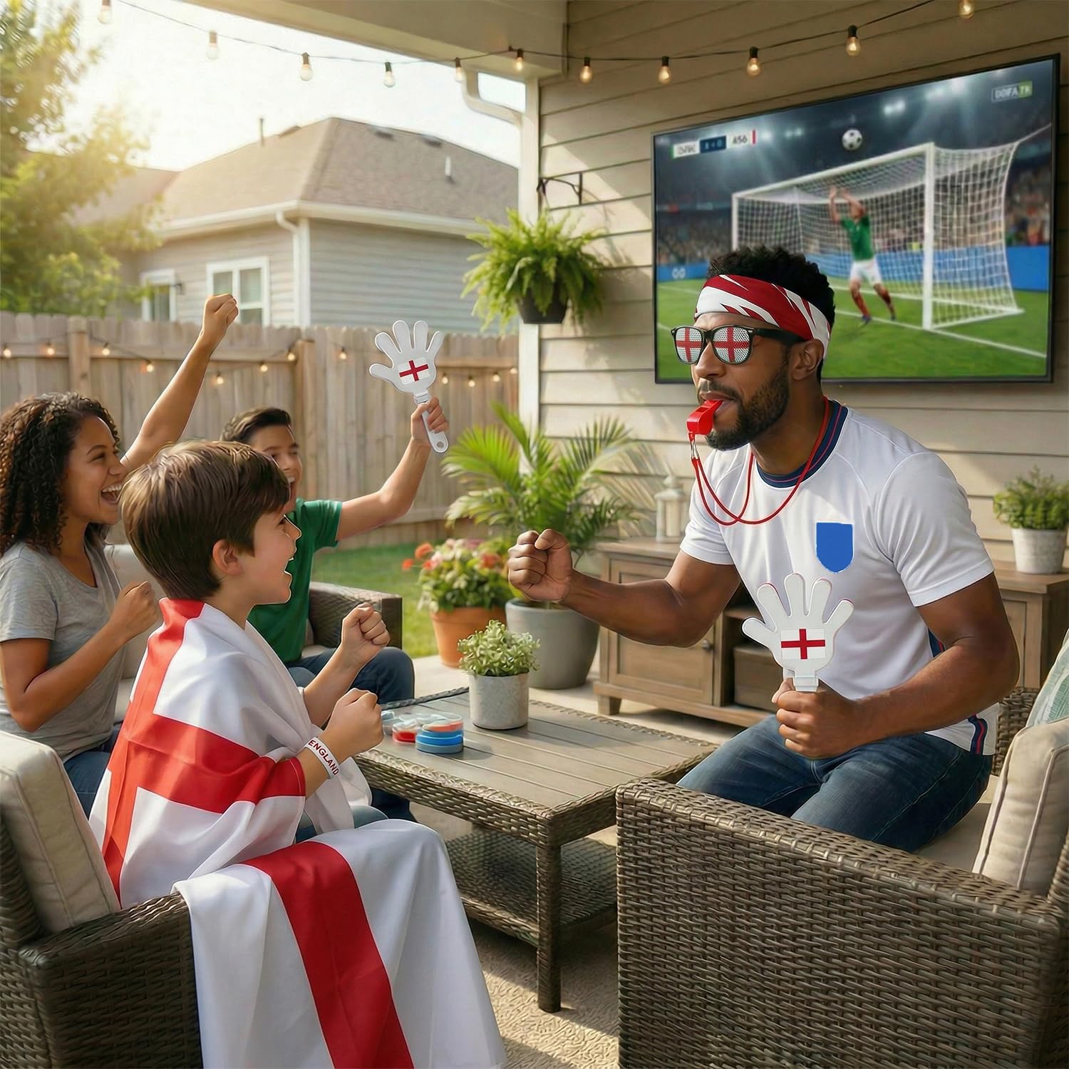 7 Pcs Cheering Kit for Football Matches, 2026 England Soccer Fan Game Day Accessory Set, Includes Flag, Glasses, Whistle, Clapper, Wristband, Scarf & Headband - 5