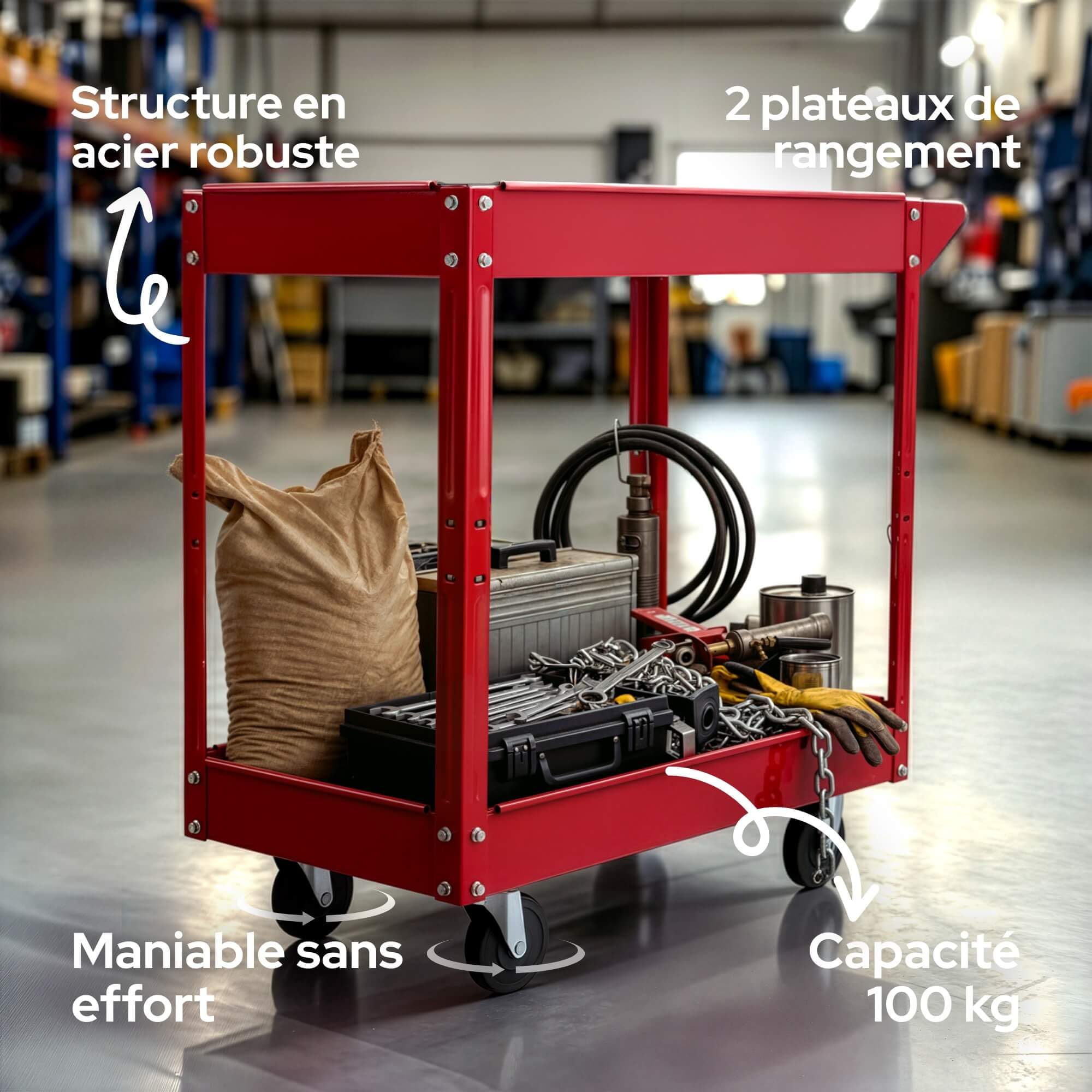 Arebos Servante d’Atelier 2 Étages | Chariot à Outils en Acier | Capacité de Charge Jusqu’à 100 kg | Mobile et Robuste | Rouge