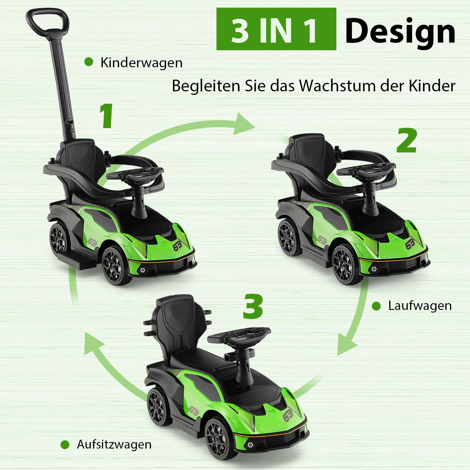 COSTWAY Rutschauto Lamborghini, Rutschfahrzeug mit Schiebstange & Stauraum, Schiebeauto mit Lenkrad & Hupe & Motorsound, 3-in-1 Rutscher Auto für Kinder ab 1 Jahr (Grün)