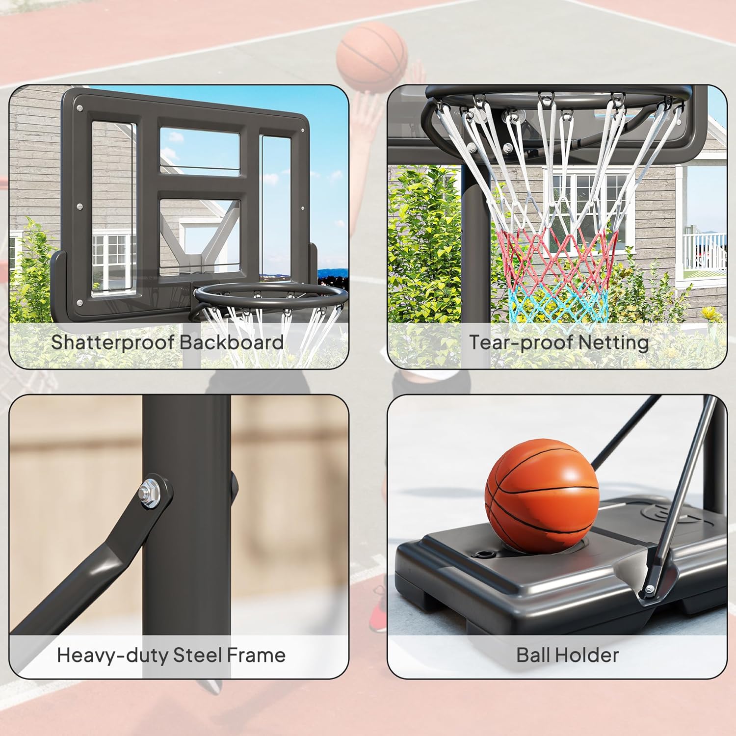 Close-up images showing the shatterproof backboard, tear-proof netting, heavy-duty steel frame, and ball holder on the base.