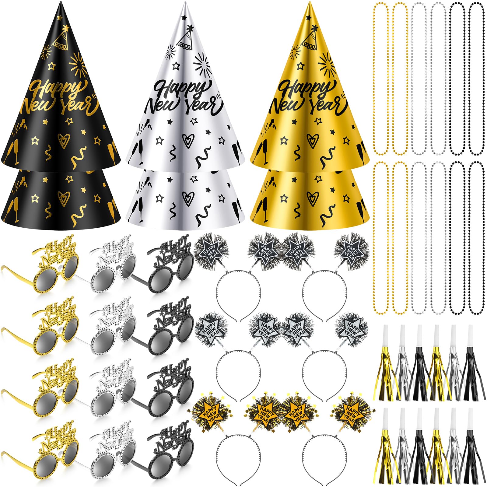 Suministros de fiesta de Año Nuevo 2025, suministros de fiesta de Año Nuevo, diadema, sombrero de papel, gafas, collar de cuentas, fabricante de ruido