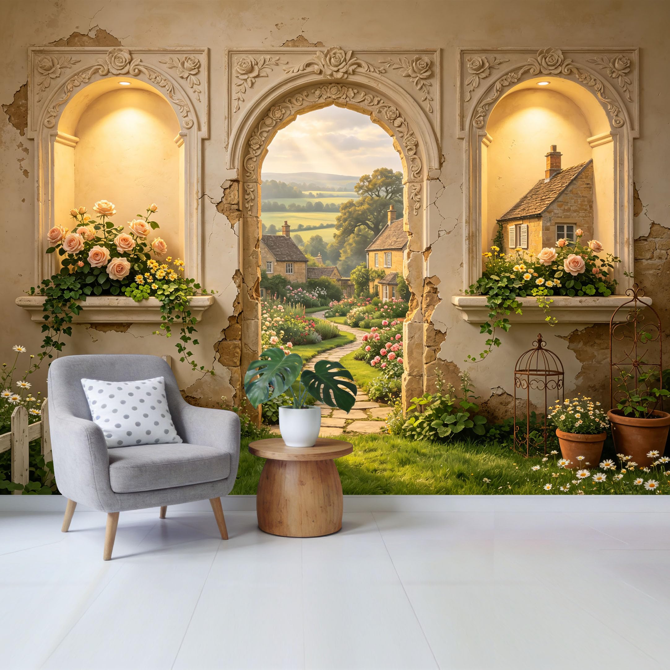 Custom Size Wall Mural Vintage English Countryside Garden Path Archway Floral Landscape Removable Self Adhesive Fabric Home Wall Decor for Living Room Bedroom Bathroom