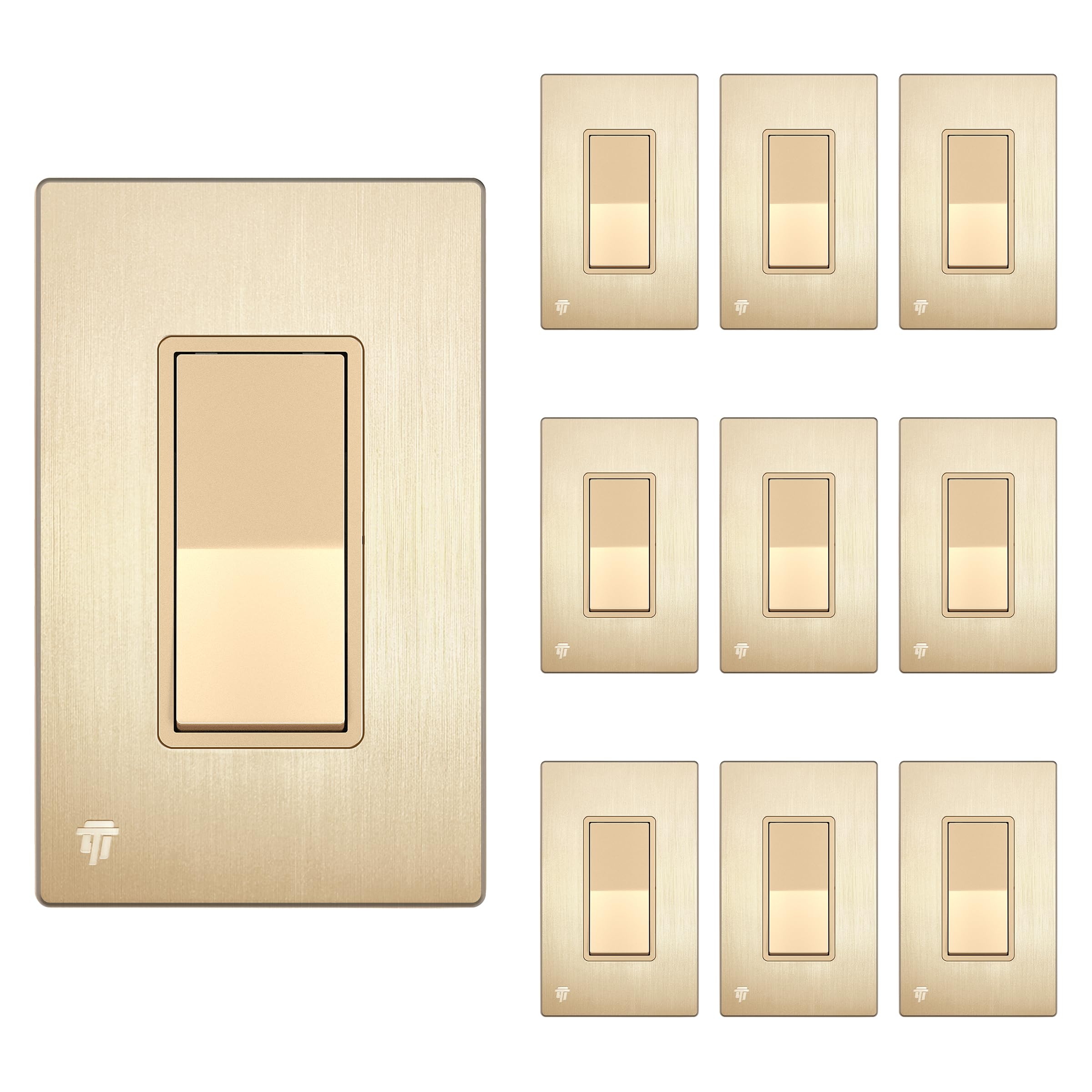 Photo 1 of ENERLITES Elite Series Decorator Rocker Light Switch, 15A 120V/277V, Single Pole, Grounding Screw, Residential Grade, UL Listed, Brushed Wall Plates Included, 91150-GDWBP-10PCS, Gold Color (10 Pack)