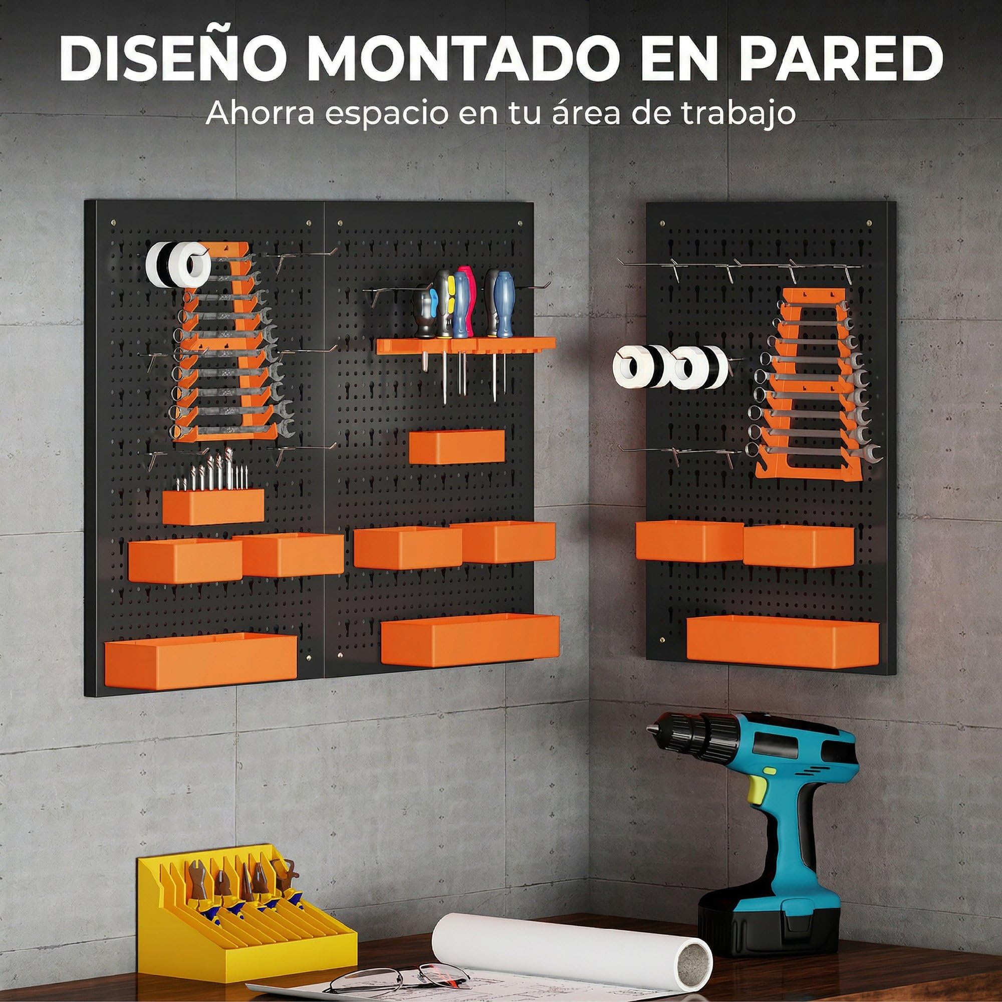 HOMCOM Organizador de Herramientas de Pared 120x60 cm Negro y Naranja | 33 Piezas, Paneles de Herramientas de Pared, Ganchos, Contenedores, Estantes, para Garajes, Cajitas