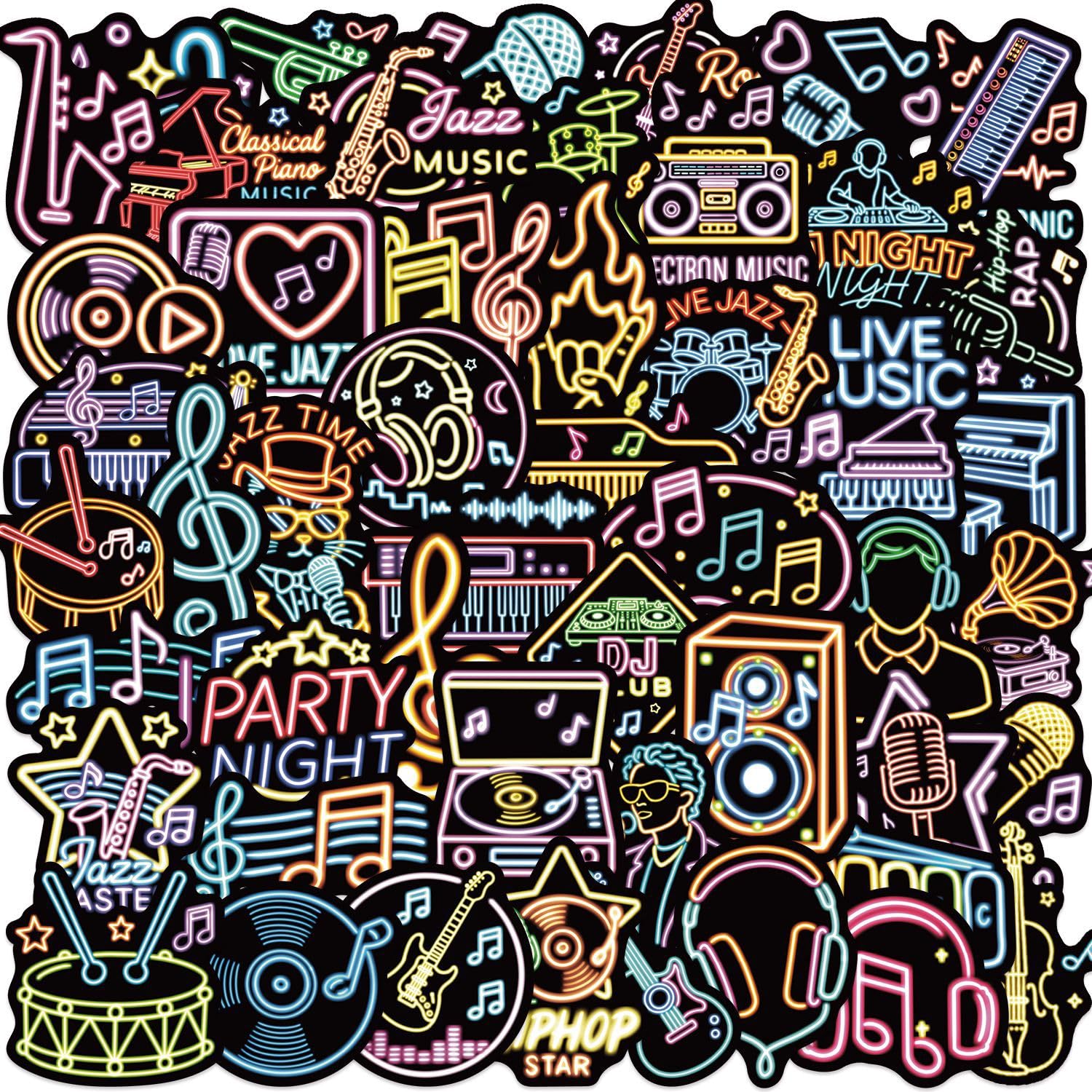Pack of 50 Neon Music Instrument Vinyl Stickers Waterproof Self-Adhesive
