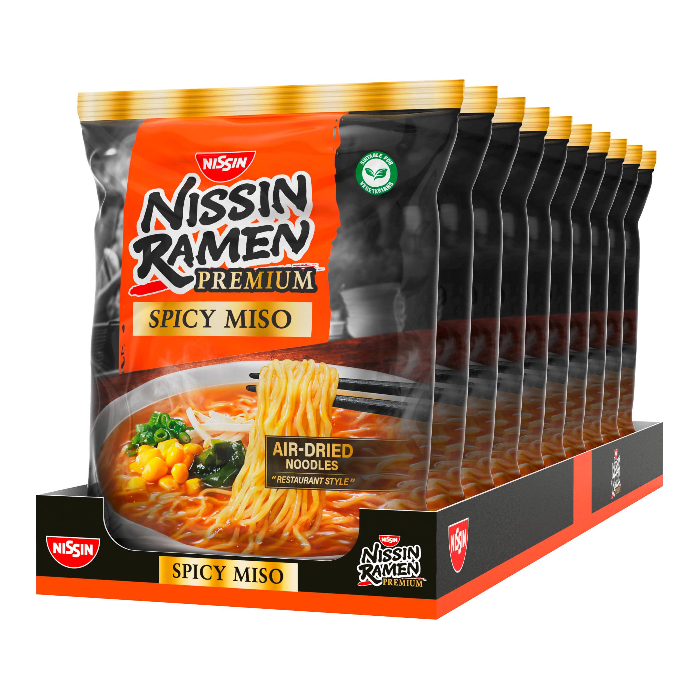 Nissin Ramen Premium - Spicy Miso, 10er Pack, luftgetrocknete Instant-Nudeln japanischer Art für "Restaurant-Style" Ramen mit leicht scharfem Miso-Geschmack und Wakame-Flocken (10 x 90,7g)