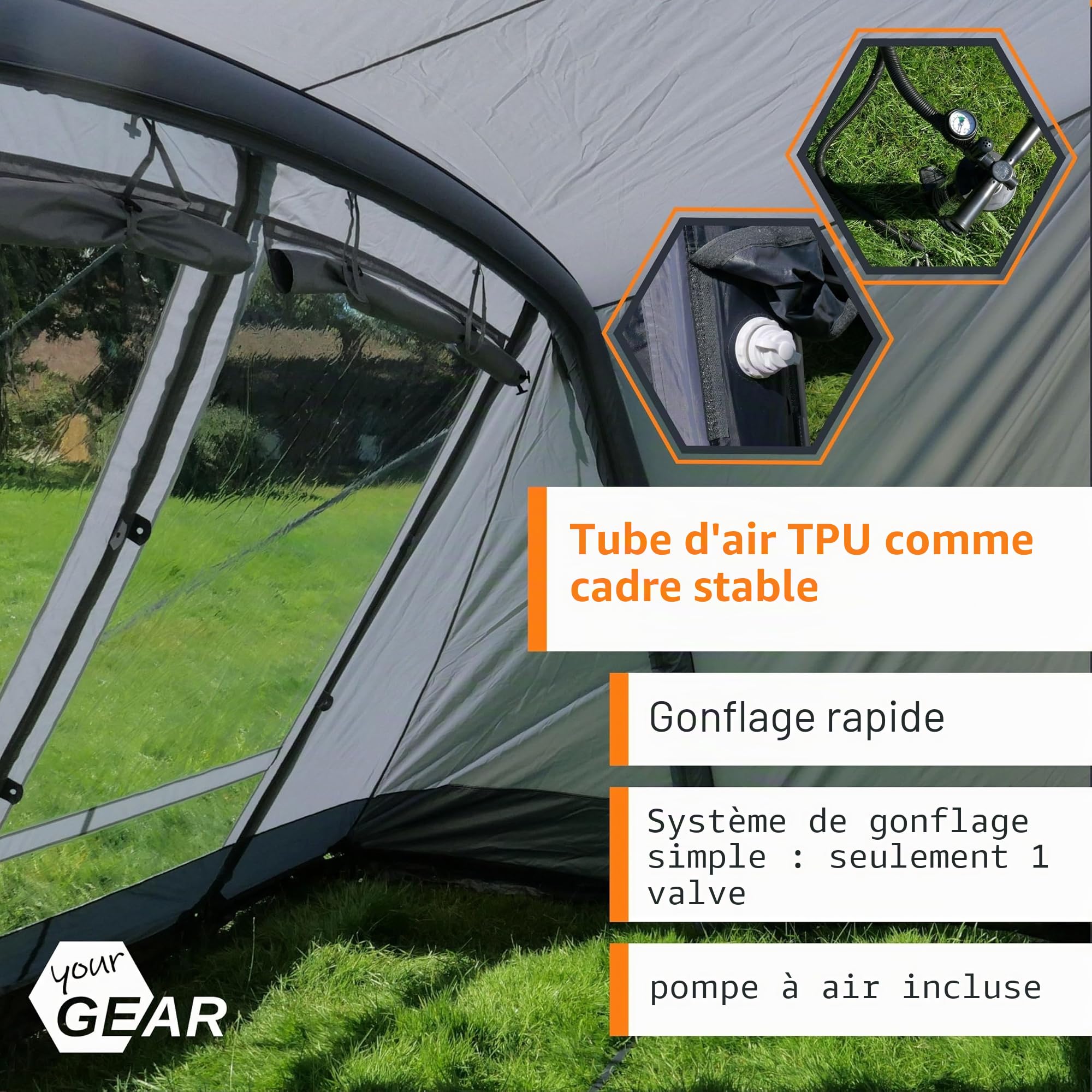 your GEAR Auvent gonflable Vicenza 350E AIR - Auvent gonflable 350 x 250 cm avec protection solaire UPF 50+ et colonne d'eau de 5000 mm, auvent partiel gris pour caravane et camping-car avec pompe à