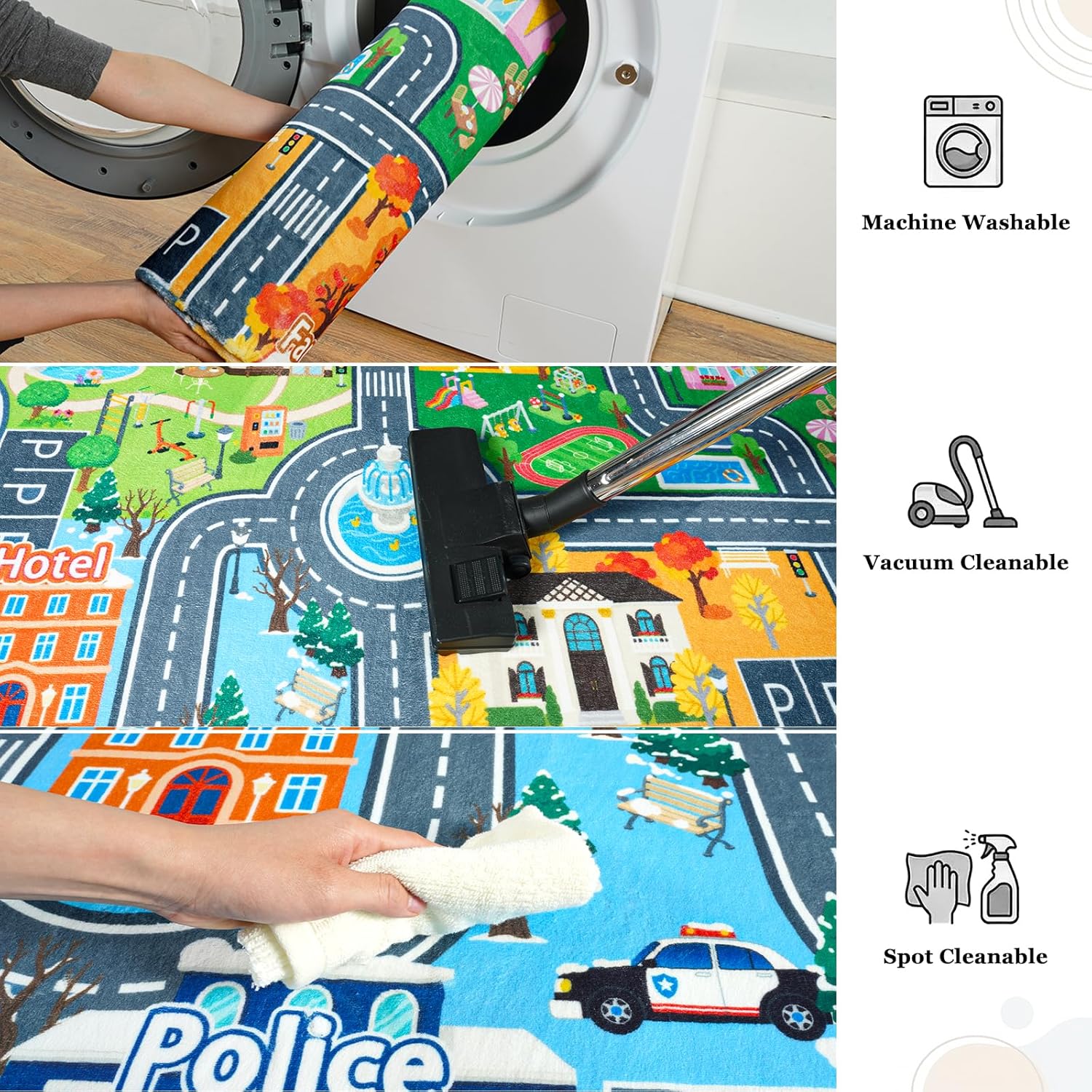 Car Rug Play Mat for Kids Toy Cars, 4' x 5' Town City Track Road Carpet, Non-Slip Machine Washable Town City Track Road Rugs Four Seasons Theme Traffic Mat for Kids Room Bedroom Game Safe Area