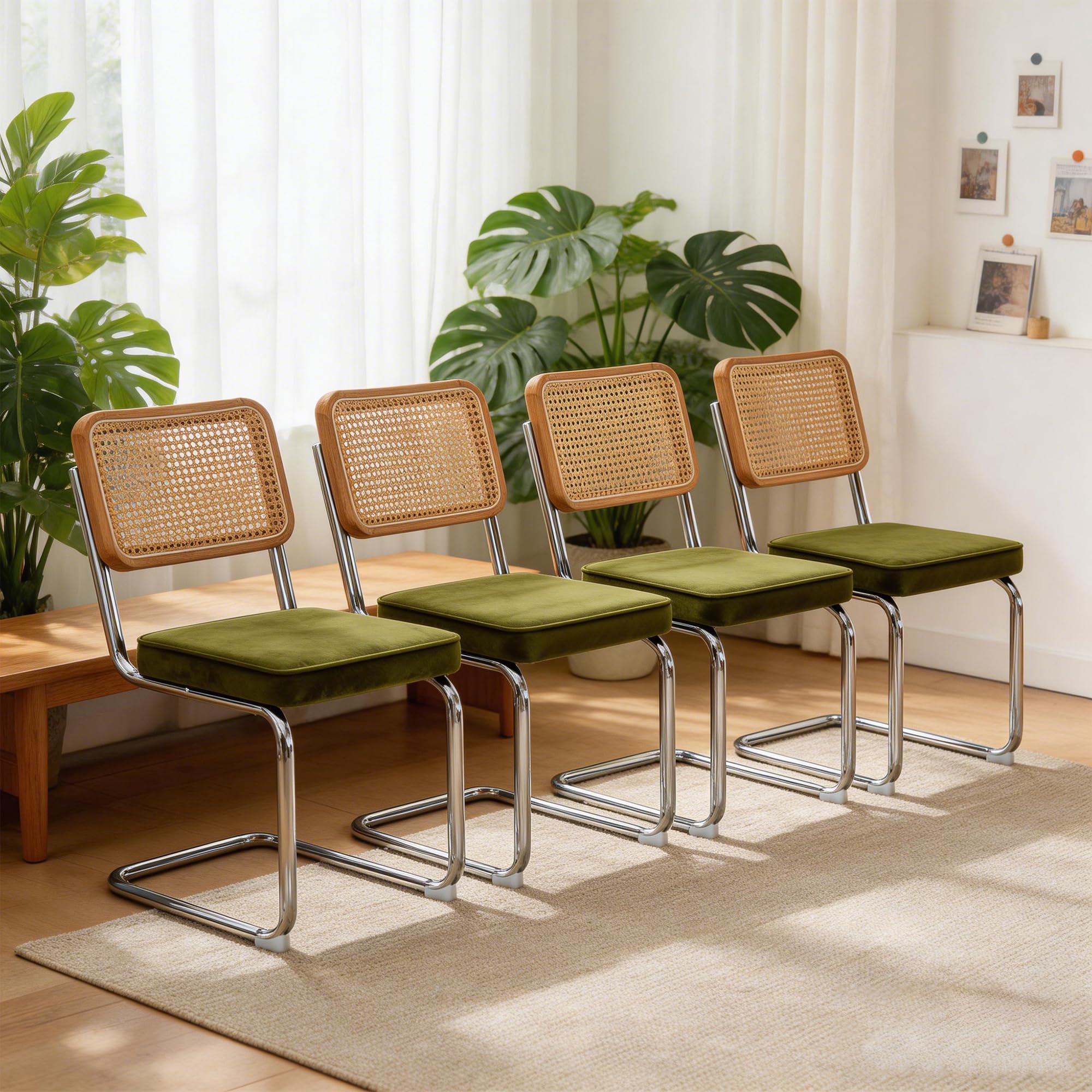 Bladez Juego de 4 sillas de comedor cantilever de terciopelo y ratán, trenzado vienés, con estructura cromada, sillas cantilever Mid-Century, para comedor, sala de estar (verde)