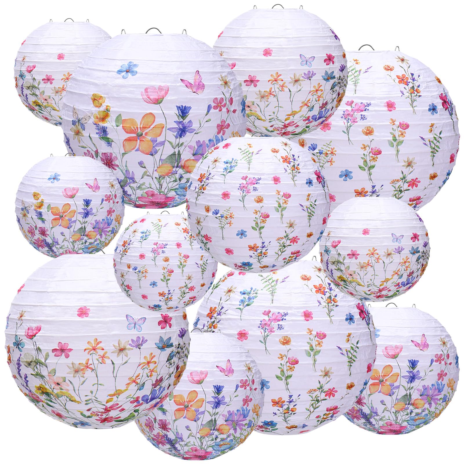 Riakrum 12 Pcs Wildflower Paper Lantern Set Floral Party Decorations Flower Paper Round Lanterns Wildflower Lantern Kit for Spring Baby Shower Bridal Shower Wedding Birthday Tea Party Supplies