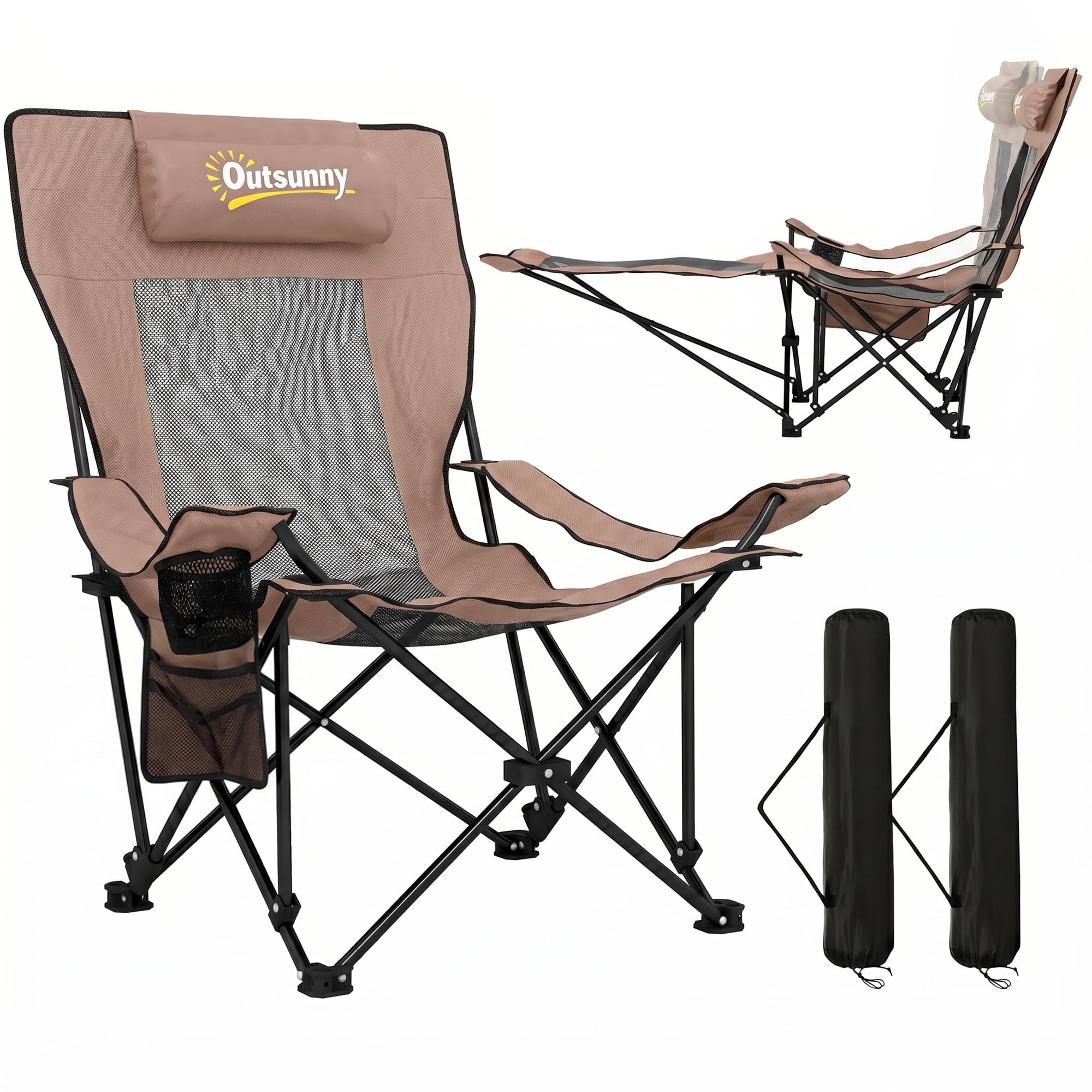 Outsunny Set 2 Sedie da Campeggio Pieghevoli con Poggiapiedi Staccabile, Portabicchieri e Tasca Laterale, Sedie da Giardino in Tessuto Oxford e Metallo, 165x80x90 cm, Marrone e Nero