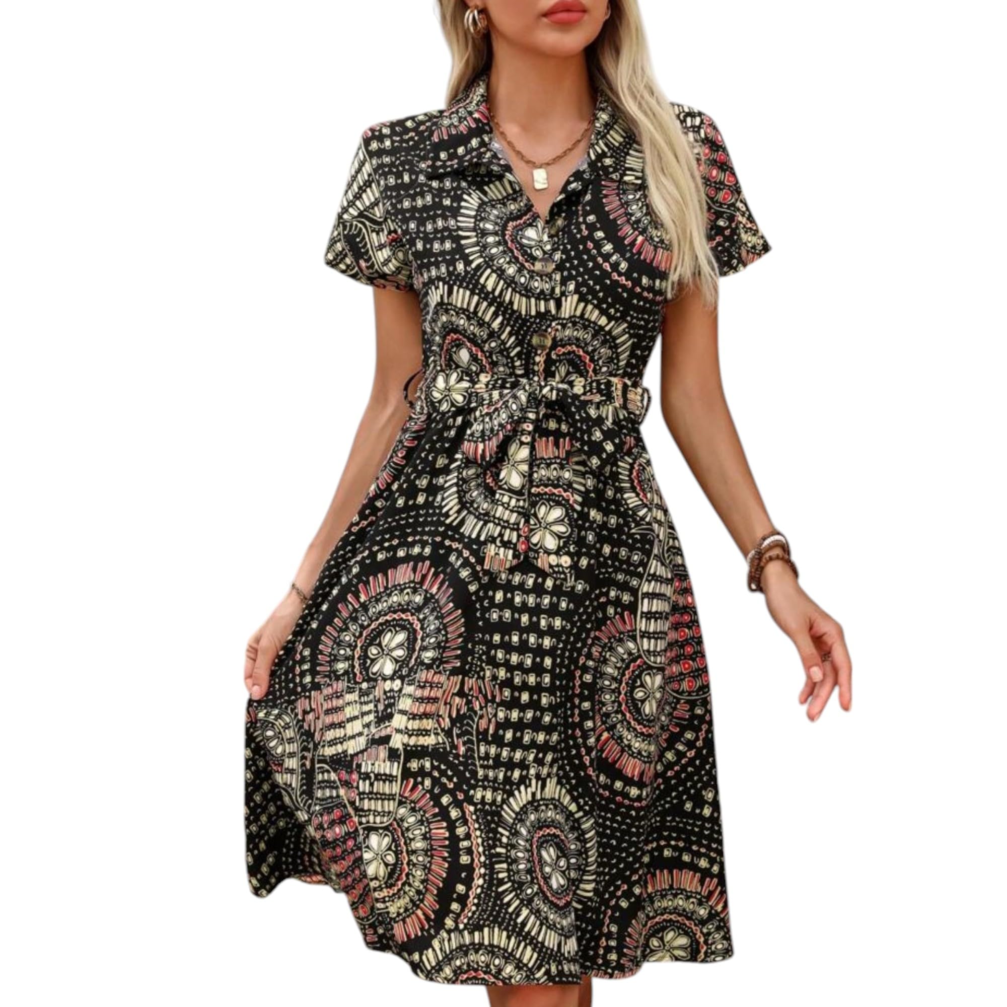 Gufrina Women's Rayon Midi Dress With Half Sleeves Geometric Printed Spread Collar Neck Knee Length Regular Fit And Flare Black