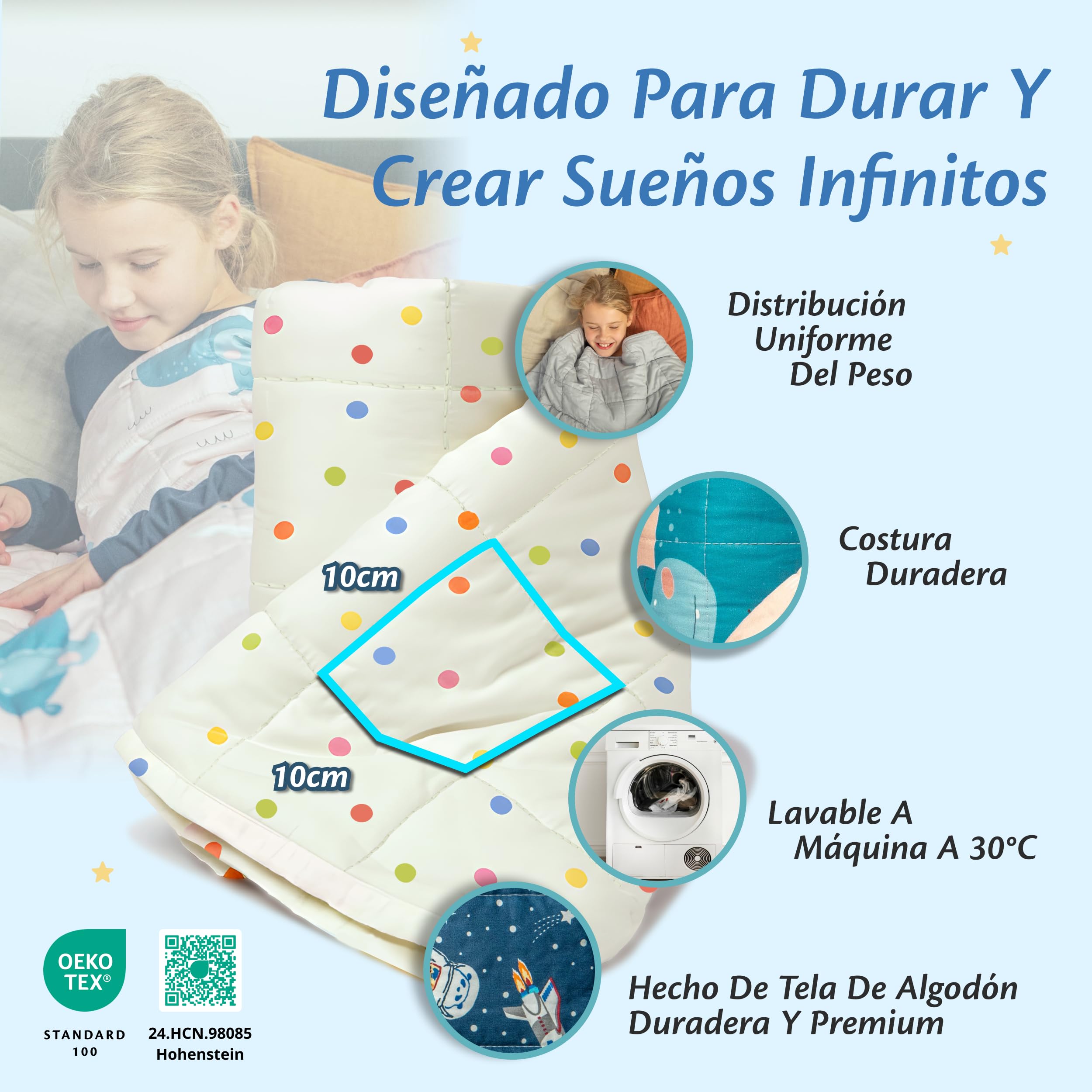 Ella - Manta para niños (3,2 kg, 100 x 150 cm, relajante y calmante, edredón infantil, perlas de cristal hipoalergénicas, capa exterior de algodón suave y refrescante, manta ponderada, 25 – 40 kg, con