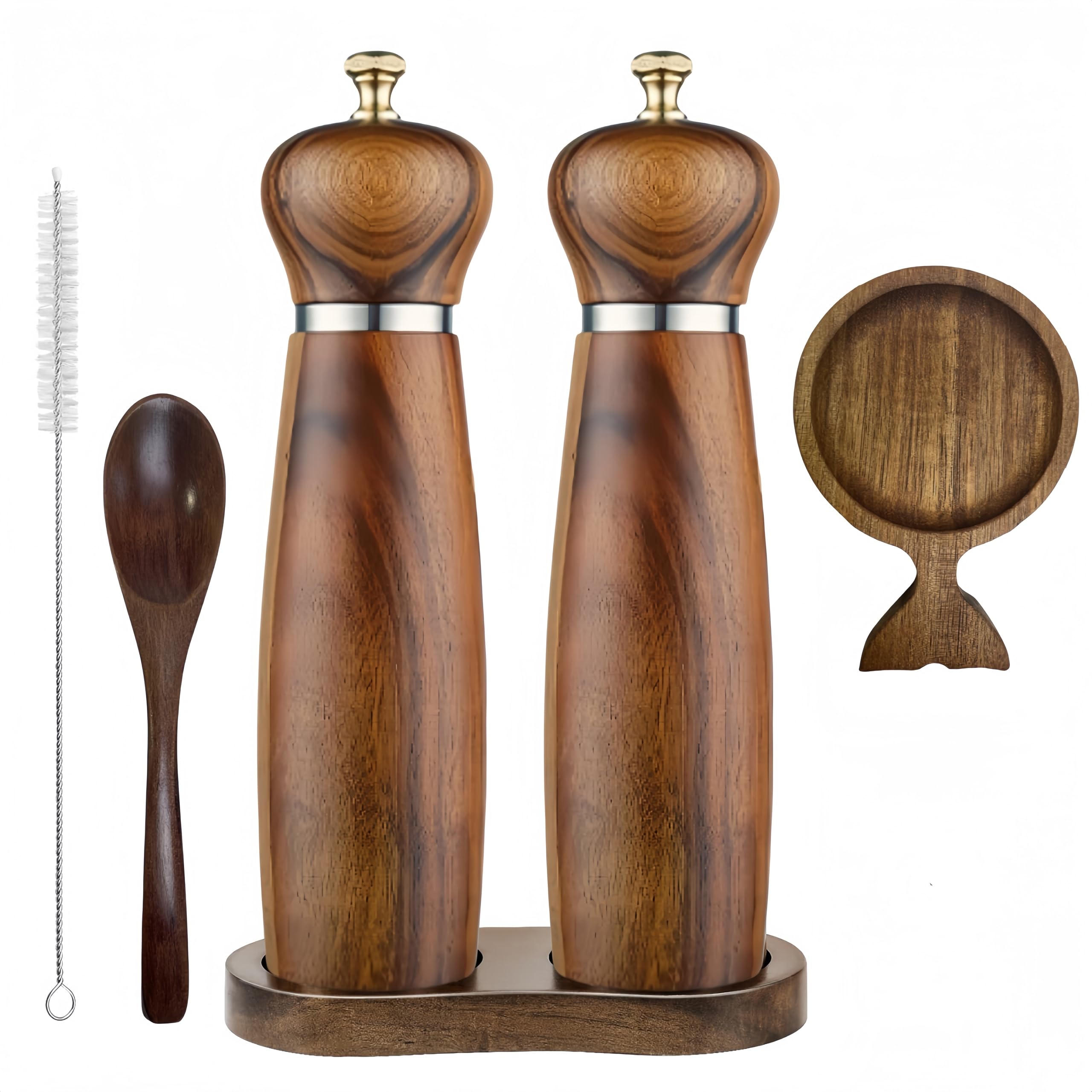 Wooden Salt and Pepper Grinder Set: Refillable Salt and Pepper Shakers, Manual Mills Made of Solid Acacia Wood, Ceramic/Stainless Steel Cores, Each 8 Inches in Size, Pack of 2