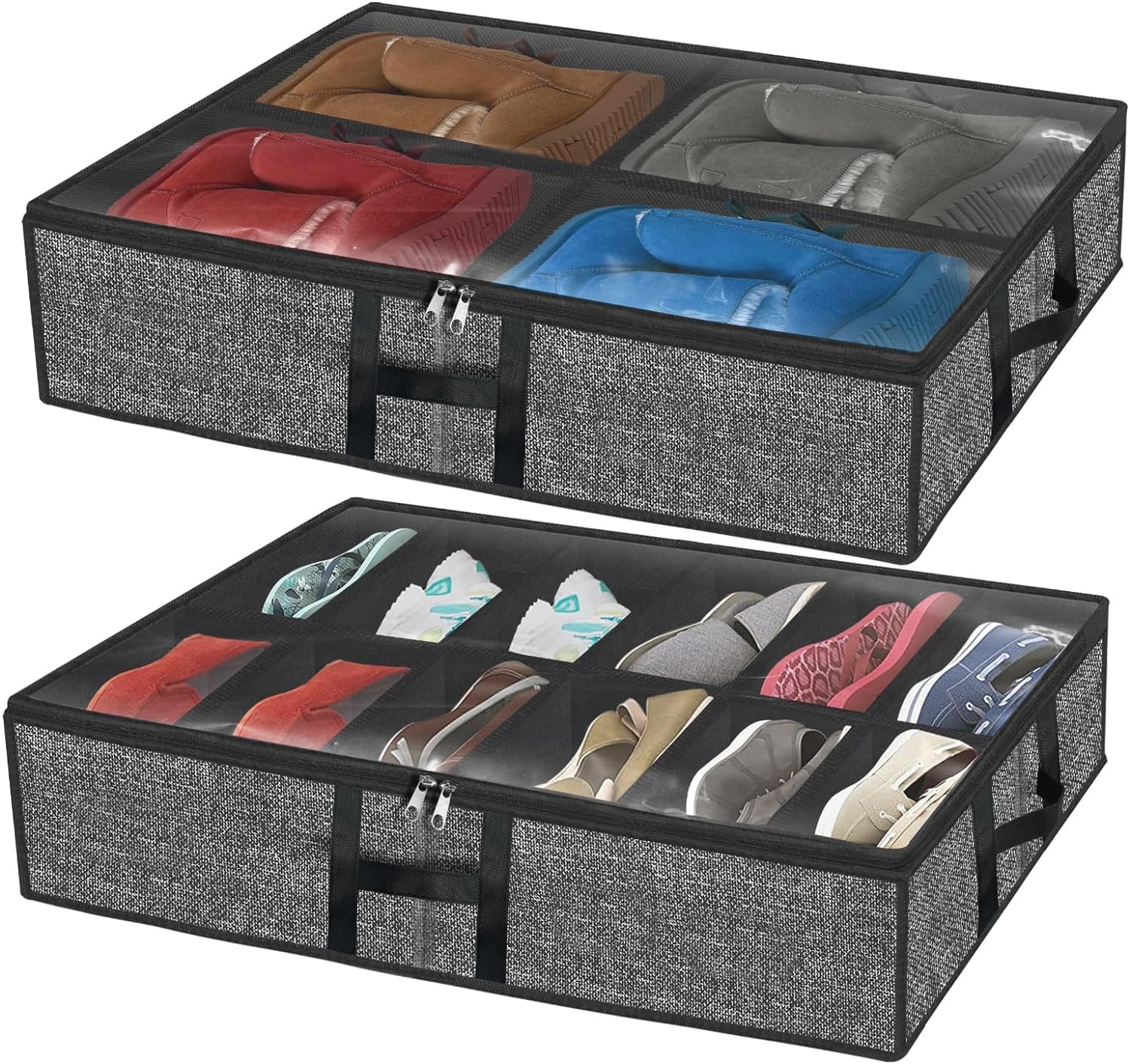VERONLY Organizador Zapatos 2 Pcs,Almacenaje Zapatos con Tapa Transparente Cremallera Debajo Cama Caja Zapatos apra 12 pares de zapatos y 4 pares de botas Pares(Negro,95x60x15cm)