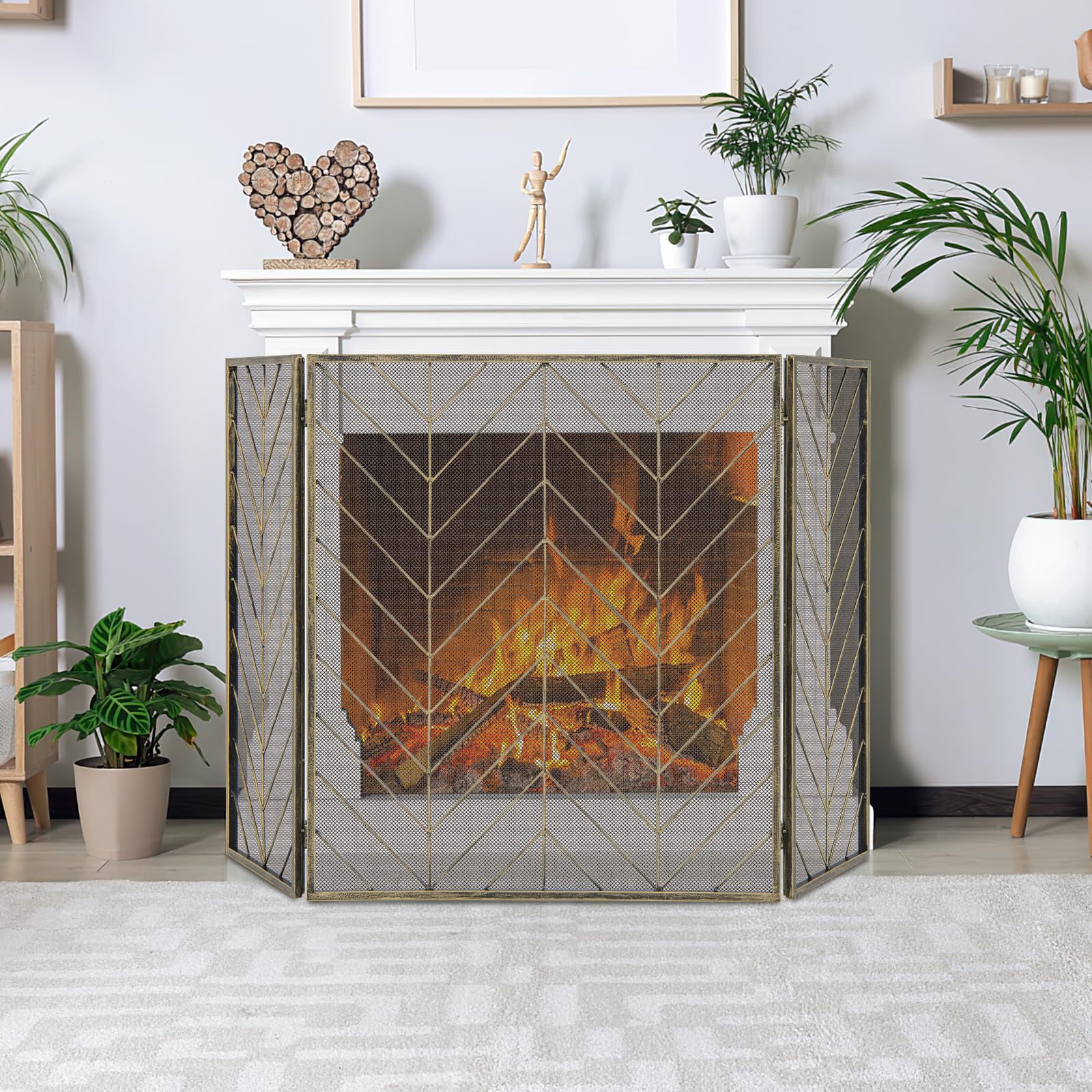 GIANTEX Écran de Cheminée à 3 Panneaux, Pare-étincelles Pare-feu Cheminée Pliable en Fer & Charnières Flexibles, Clôture de Cheminée Grille de Protection Cadre en Métal, pour Salon, Chambre (Bronzé)