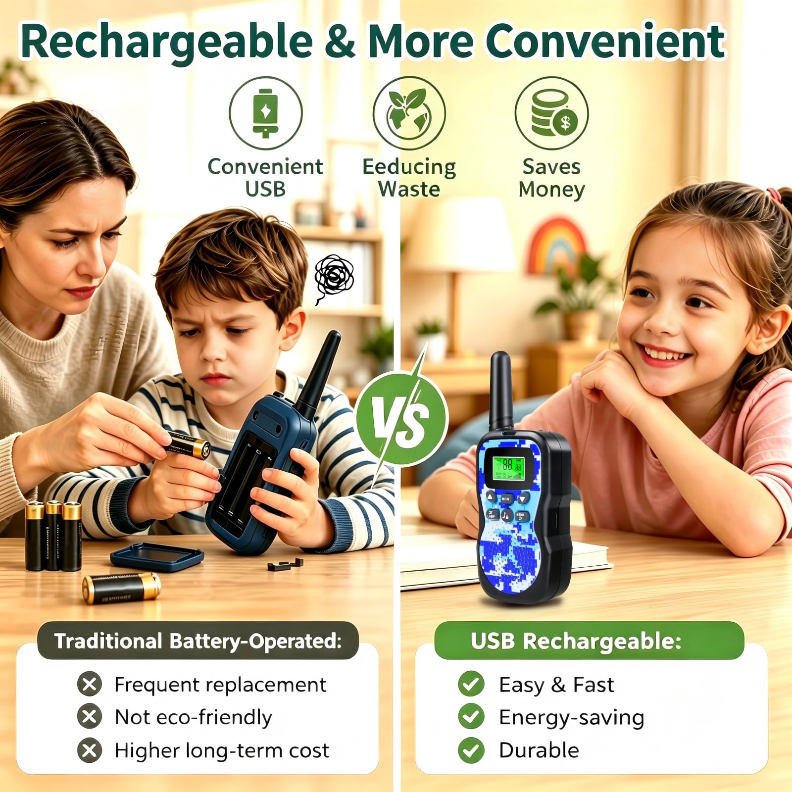JUAUO Walkie Talkie Kinder 3 Stück, 3-12 Jungen und Mädchen Spielzeug Geschenk, Walkie Talkies für Kinder Aufladbar 8 Kanal Funkgerät, VOX Taschenlampe für Freien, Camping, Wandern