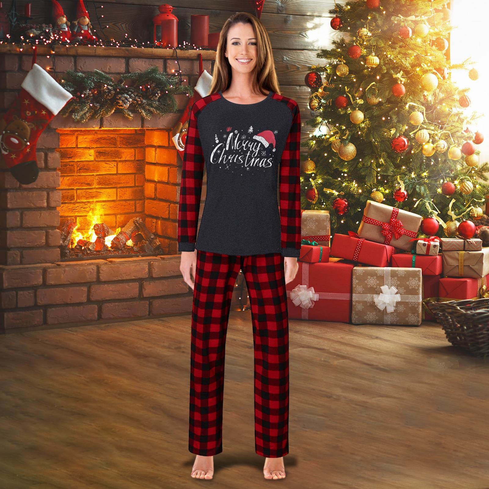Ensemble De Pyjamas Assortis Pour Toute La Famille - Thème Noël - Manches Longues En Tissu Satiné Doux