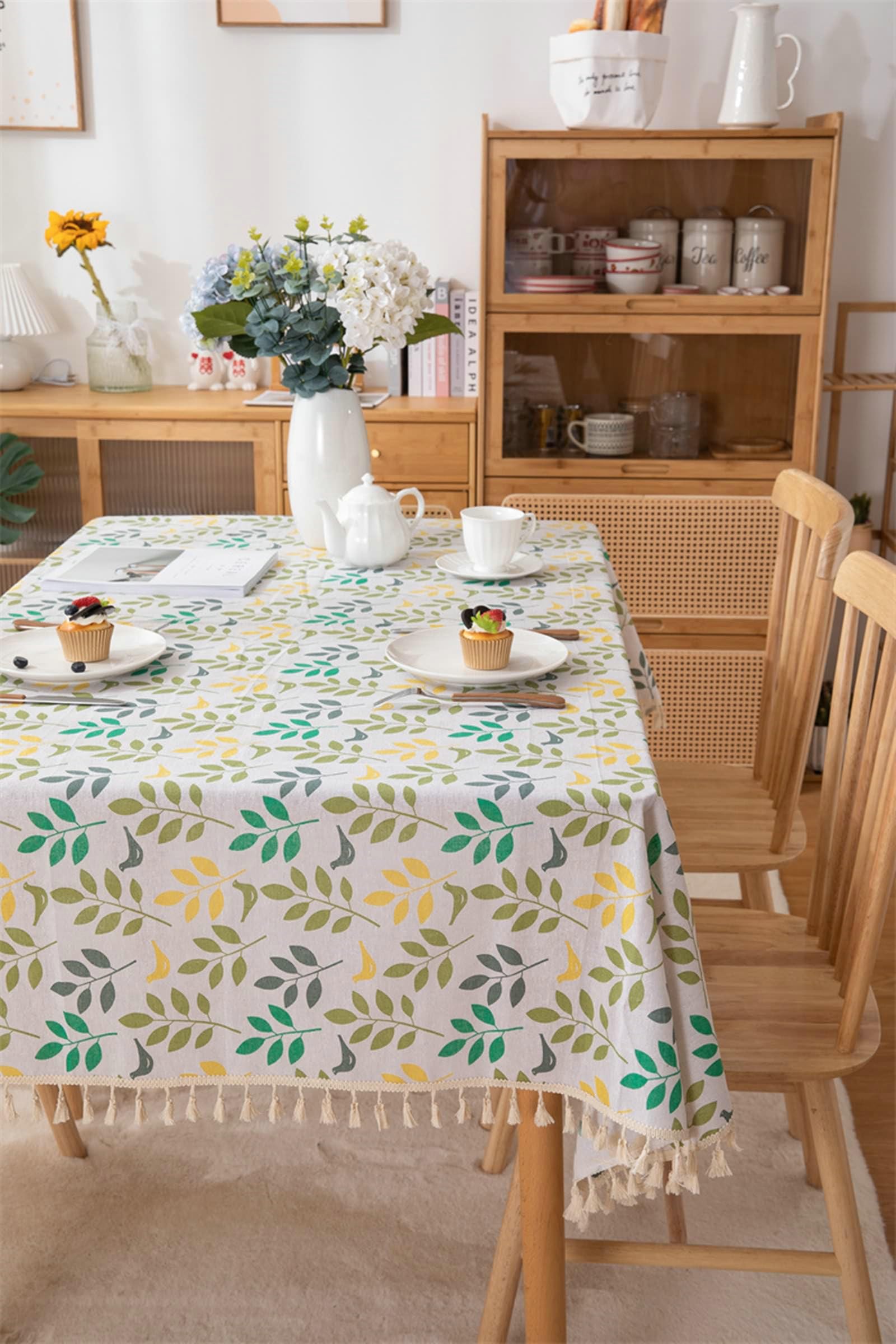 Gualiy Manteles Cuadrados Restaurante, Poliéster Algodón Manteles Mesa 140x260CM Mantel de Mesa Lavable Hojas Estampadas con Borlas Manteles para Mesa de Centro, Colorido