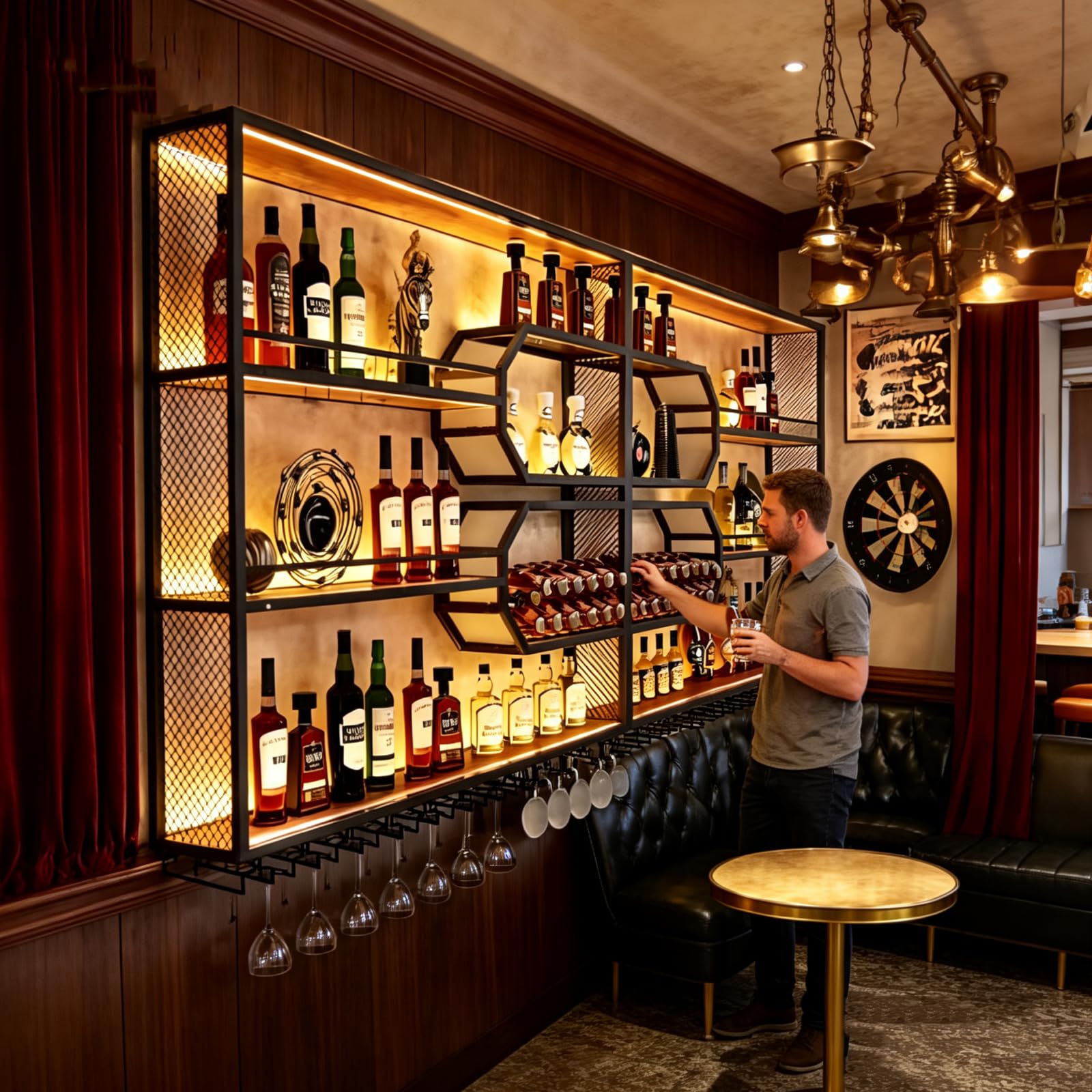 241cm Botellero Pared 4 Niveles LED y Copas Hierro Madera | Estante colgante hierro madera 4 niveles, tira LED cálida, soporte copas, 70 lbs/capa, fácil montaje, decoración bar