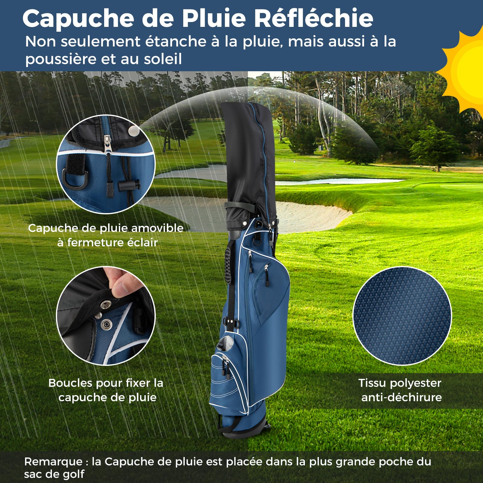 COSTWAY Sac de Golf Trépied à Compartiments à 4 Voies, Sac de Transport pour Golf avec 4 Poches Zippées Sac Isotherme Bandoulière Double, pour Club de Golf Vacances (Bleu)
