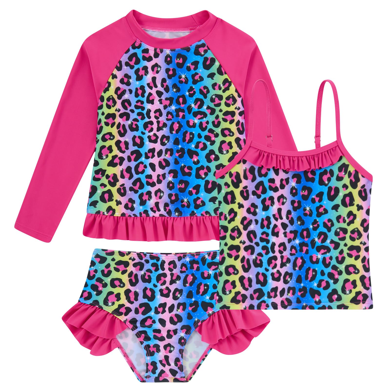 BFUSTYLE Girls Swimsuit 3 Pieces Rash Guard Kids Bathing Suit 3-8 Years | Funny Sun Protection Quick Dry Summer Beach Long Sleeves Swimwear Tankini Set