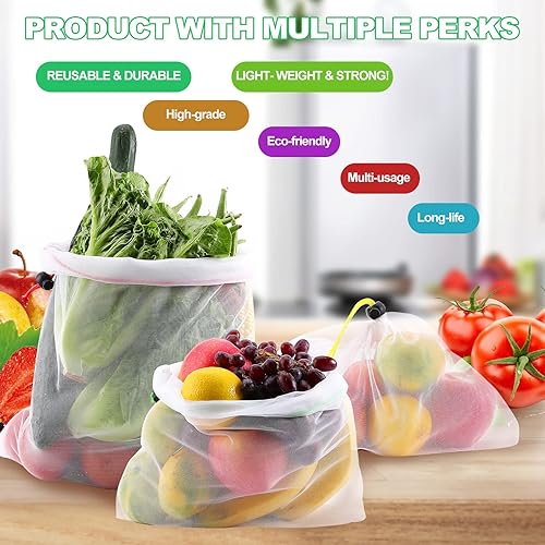 Miniatura 5 de Paquete de 20 bolsas reutilizables para productos, bolsas de malla lavables, bolsas transparentes de verduras y frutas, bolsas de malla de