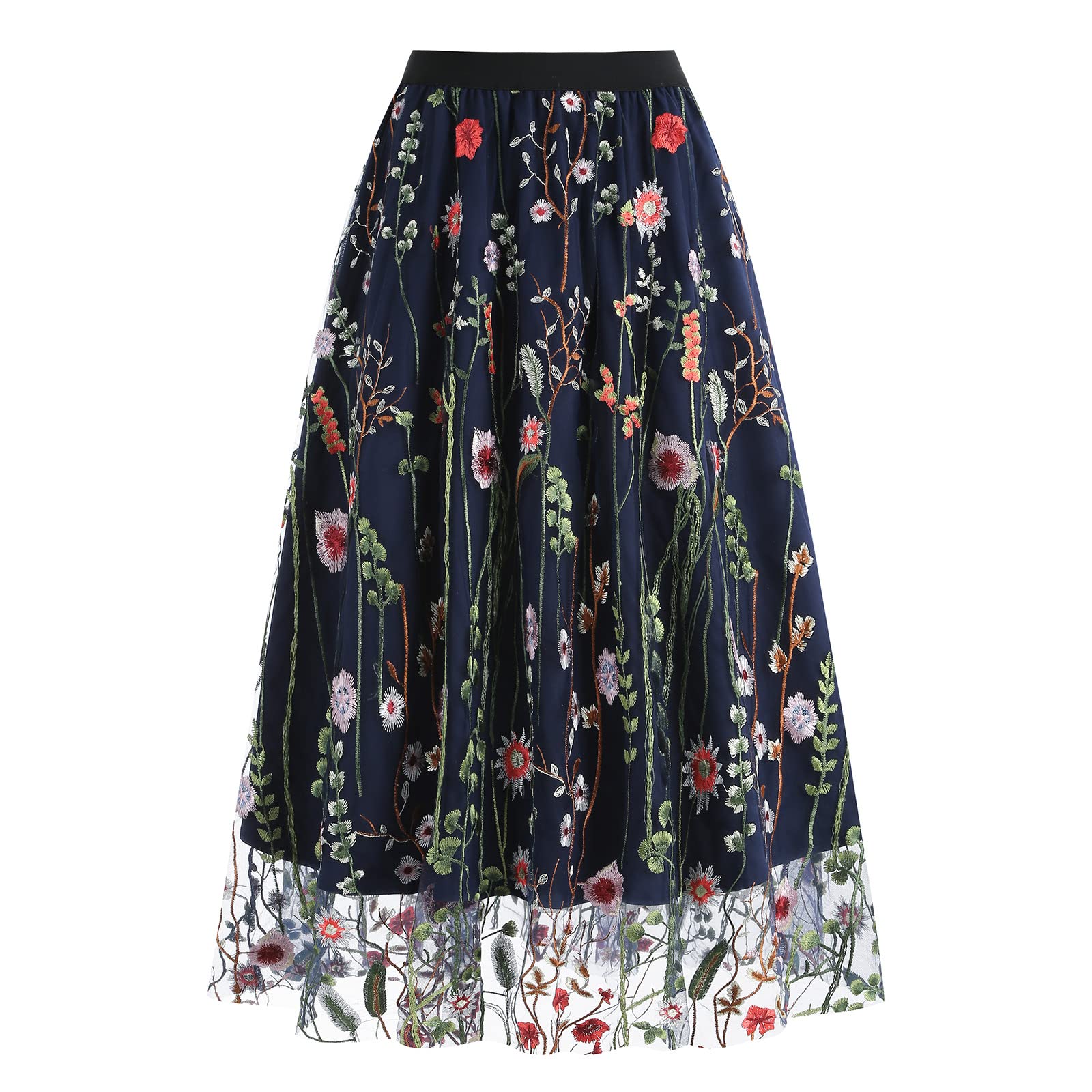 Floral Embroidered Women's Skirts - Vintage Tulle Wedding & Prom A-Line Flower Skirts with Elastic Waist