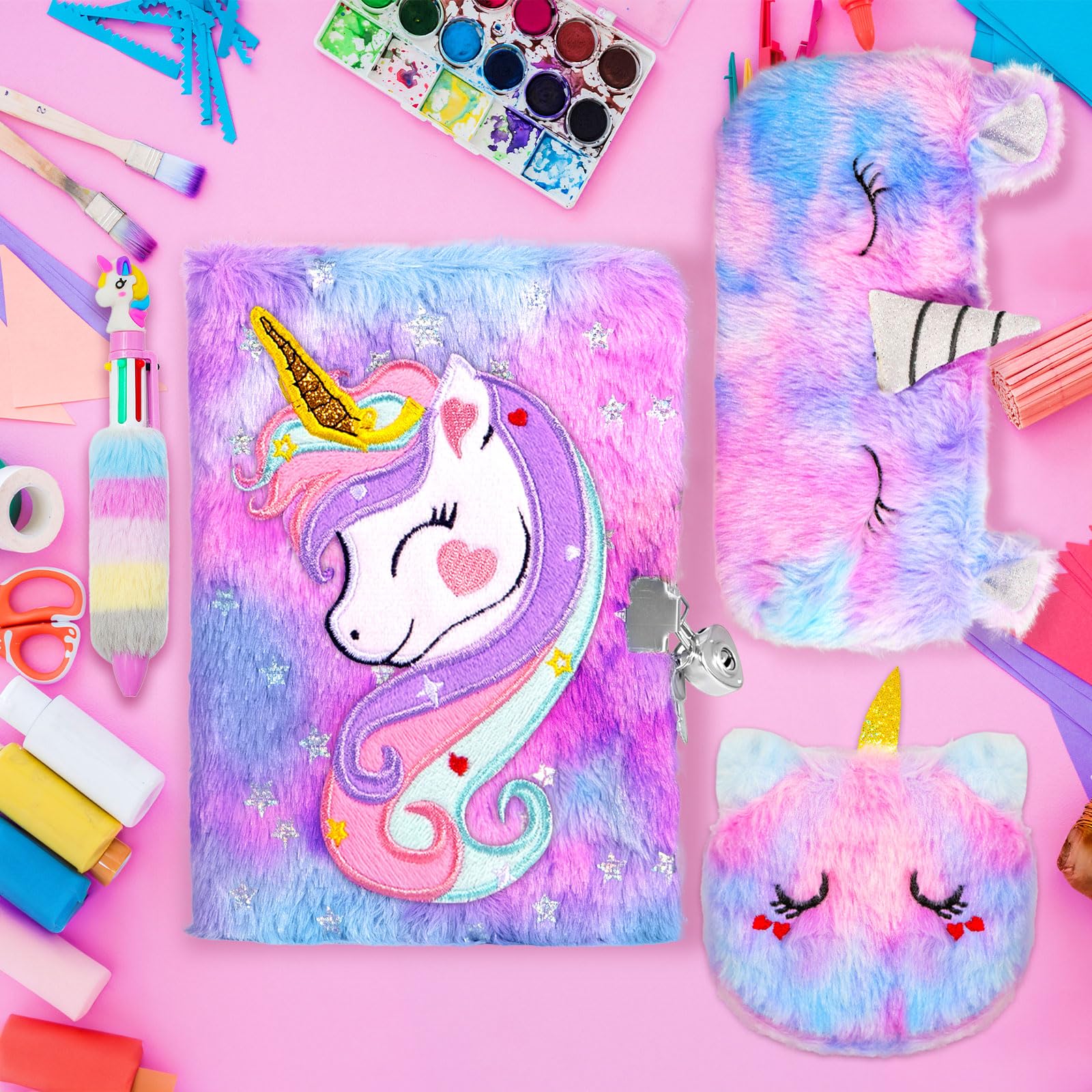 Set di 4 Diario Segreto Bambina con Lucchetto, Peluche Quaderno con Chiave e Lucchetto, 160 Pagine A5 Unicorno Diario Set con Portamonete e Astuccio e Penna, Regalo per Bambina 5-9 Anni