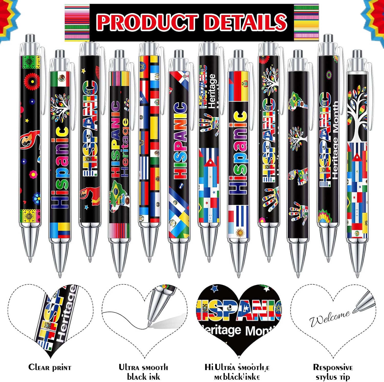 Cholemy 96 Pcs Hispanic Ballpoint Pens Bulk, Latino Flag Retractable Pen image 3