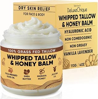 Whipped Tallow Face Moisturizer – Vanilla Lavender Tallow Balm with Hyaluronic Acid, Manuka Honey, Aloe & Green Tea – Soothing Skincare for Dry or Sensitive Skin – 4oz