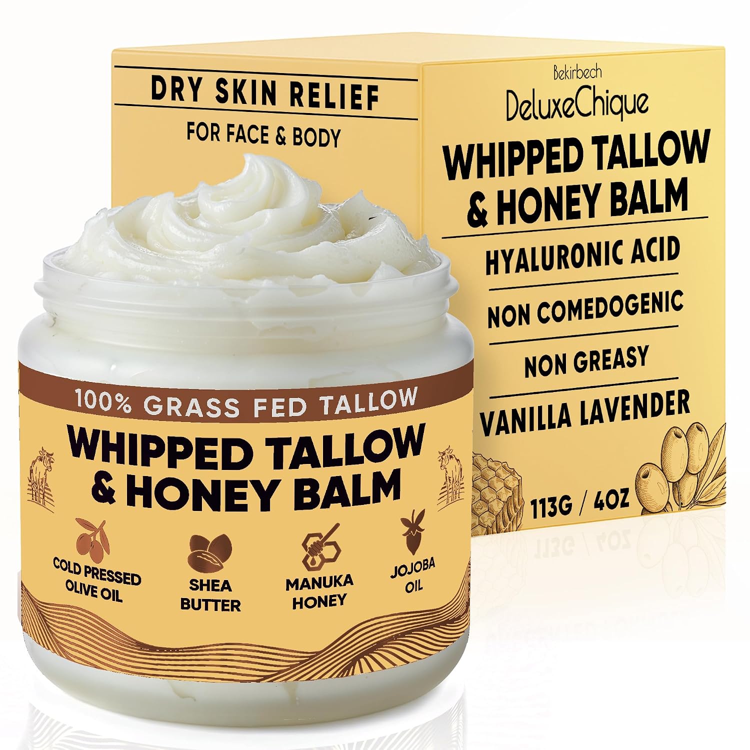 Whipped Tallow Face Moisturizer – Vanilla Lavender Tallow Balm with Hyaluronic Acid, Manuka Honey, Aloe & Green Tea – Soothing Skincare for Dry or Sensitive Skin – 4oz