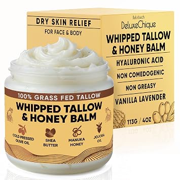 Whipped Tallow Face Moisturizer Vanilla Lavender Tallow Balm with Hyaluronic Acid, Manuka Honey, Aloe & Green Tea Soothing Skincare for Dry or Sensitive Skin 4oz