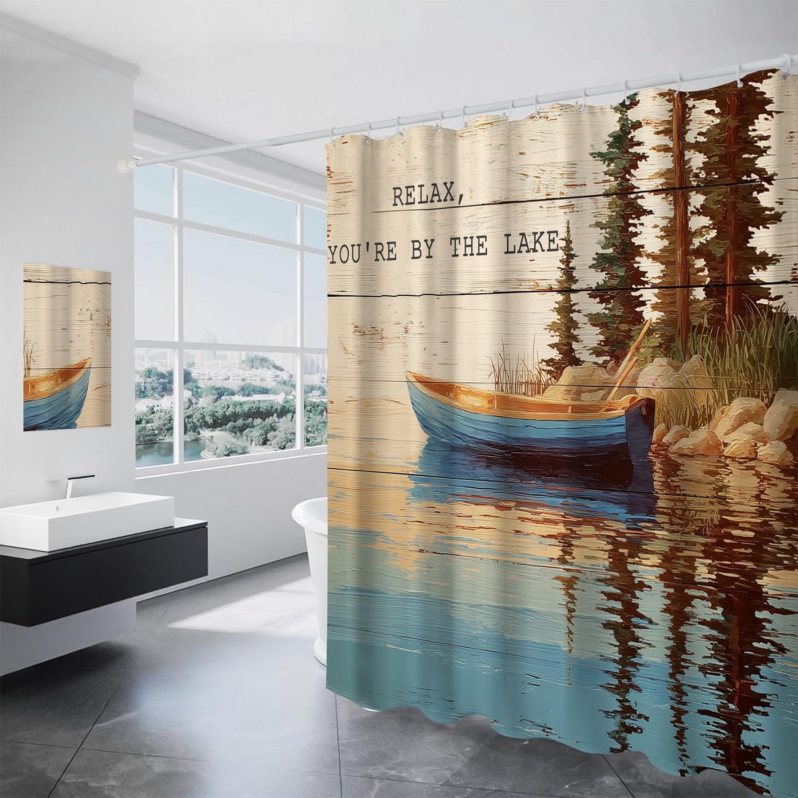 Rideaux de baignoire polyester 180x180 beige avec imprimé bateau bois vintage