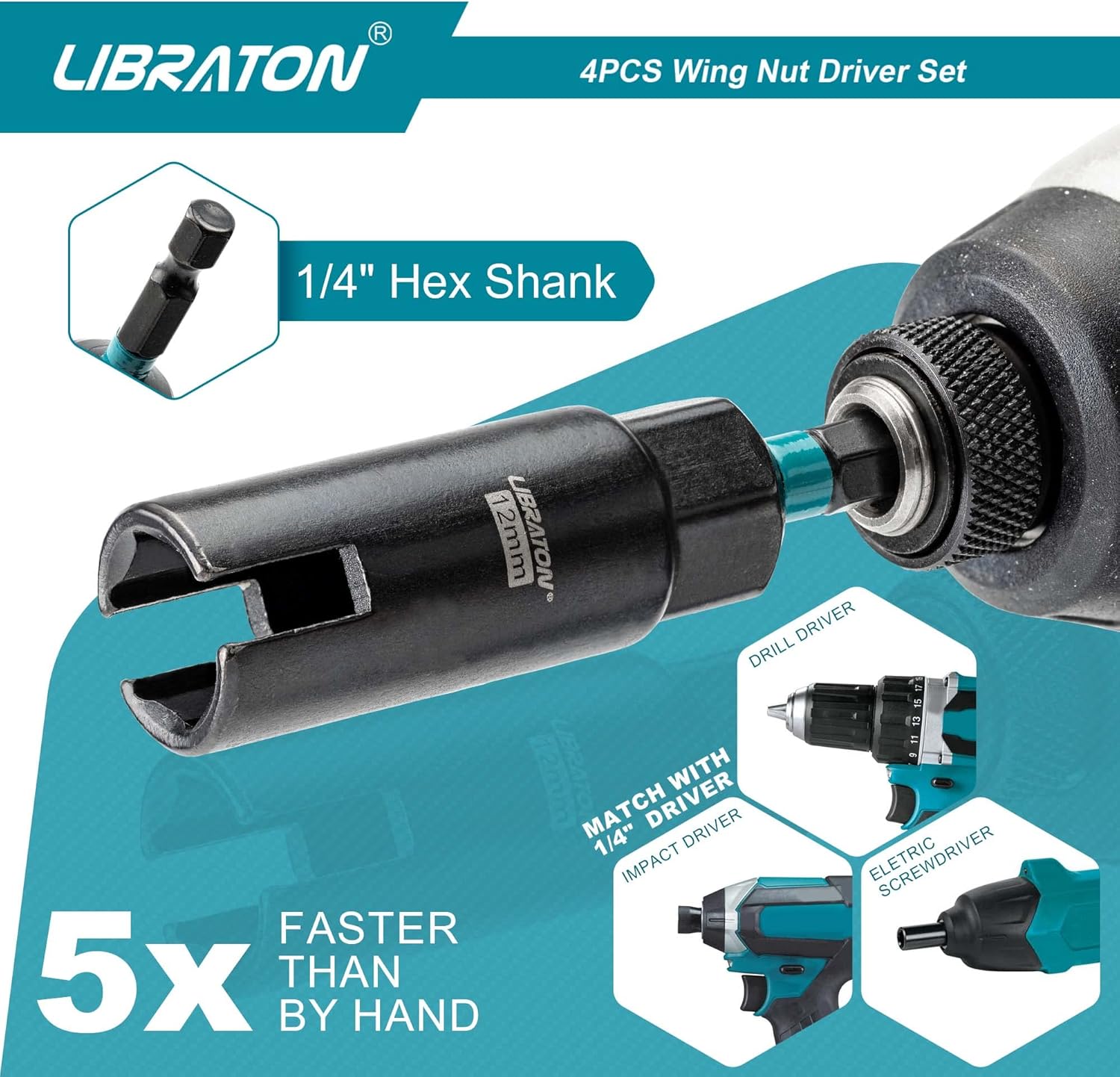 Libraton Wing Nut Driver 4PCS, Wing Nut Driver Bit, 1/4” Hex Shank Wing Nut Driver Set 9mm 12mm 15mm 18mm, Nut Driver Set with EVA Storage for Hook Bolt Installation, Wire Twisting